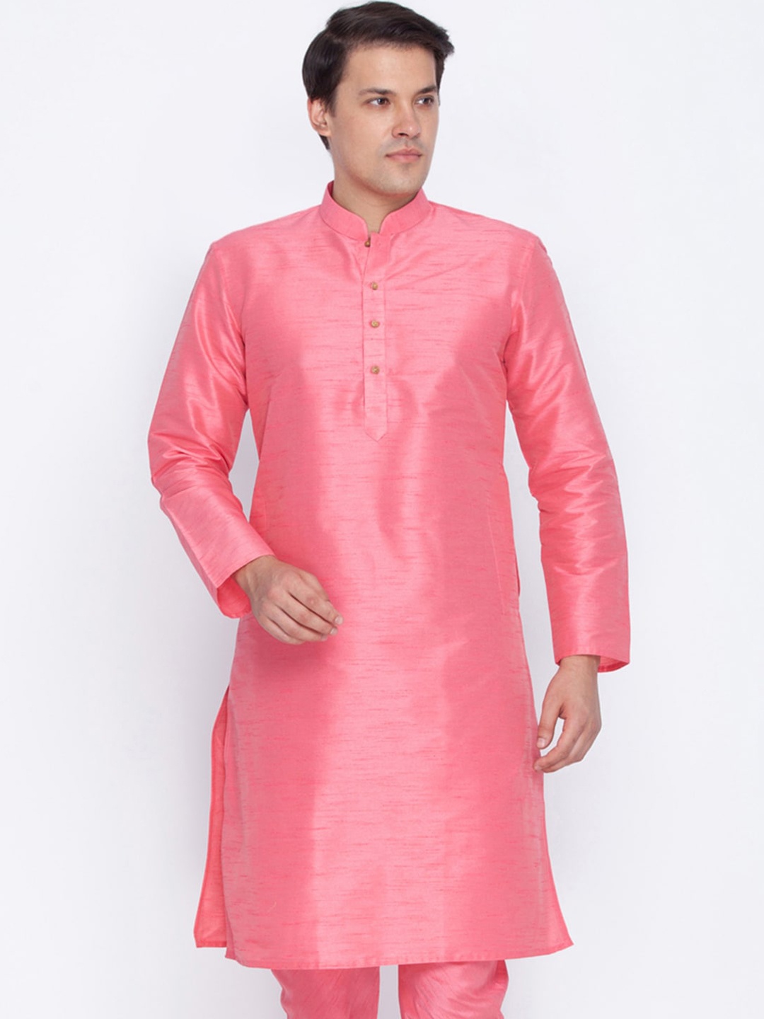 

VASTRAMAY Mandarin Collar Silk Blend Straight Kurta, Pink