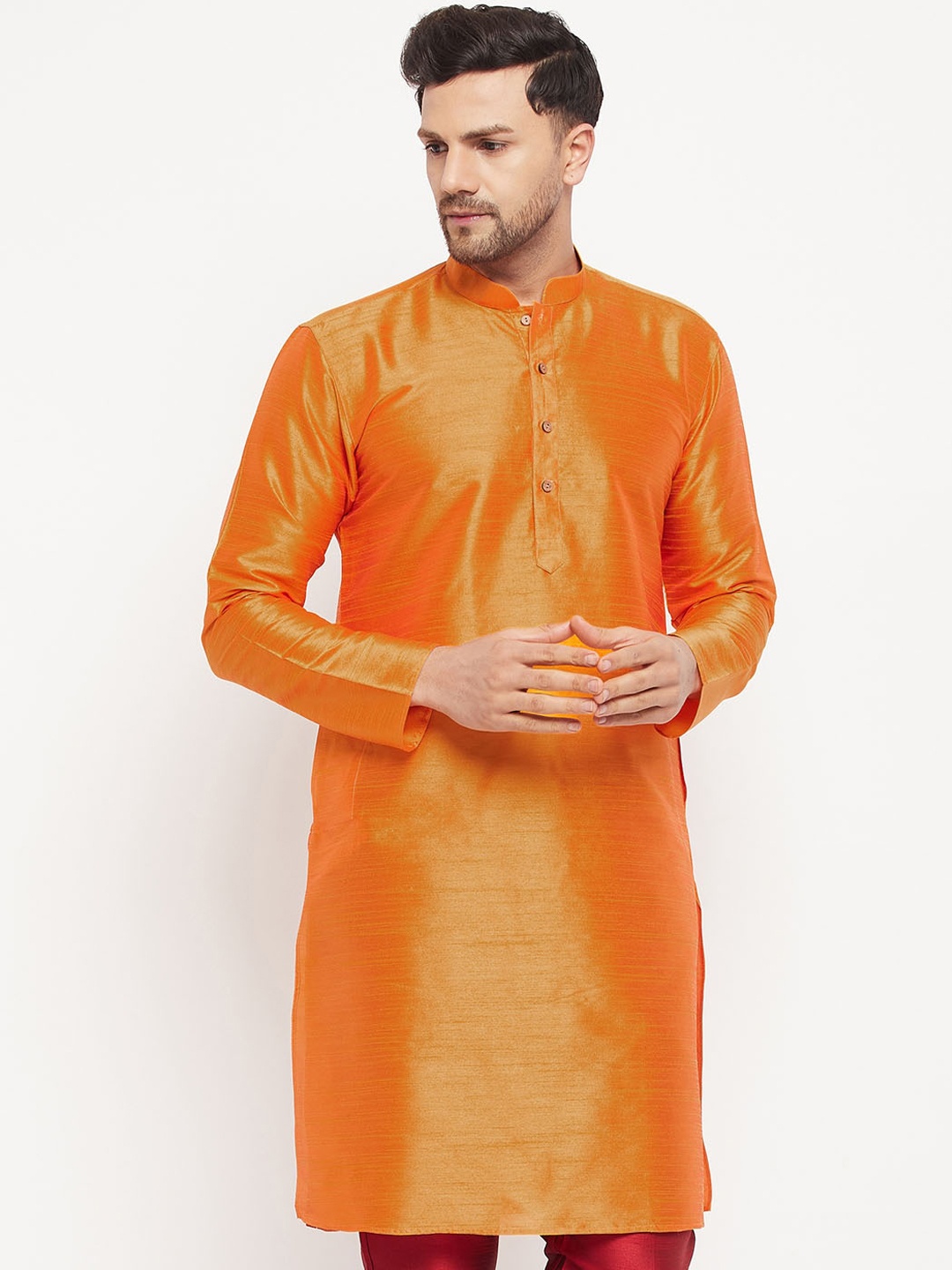 

VASTRAMAY Mandarin Collar Silk Blend Straight Kurta, Orange