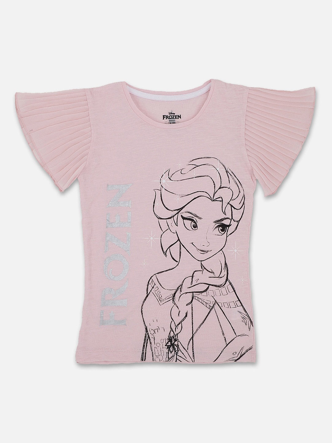

Kids Ville Girls Frozen Printed Flared Sleeves Pure Cotton Top, Pink