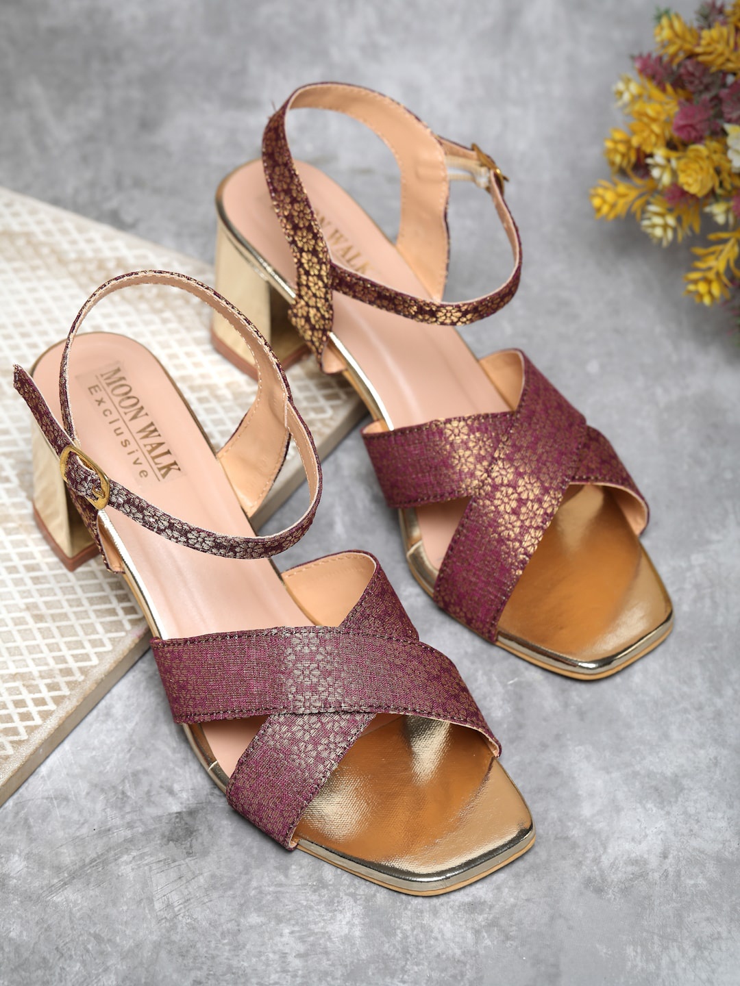 

Moonwalk Cross Strap Woven Design Open Toe Block Heels With Backstrap, Maroon