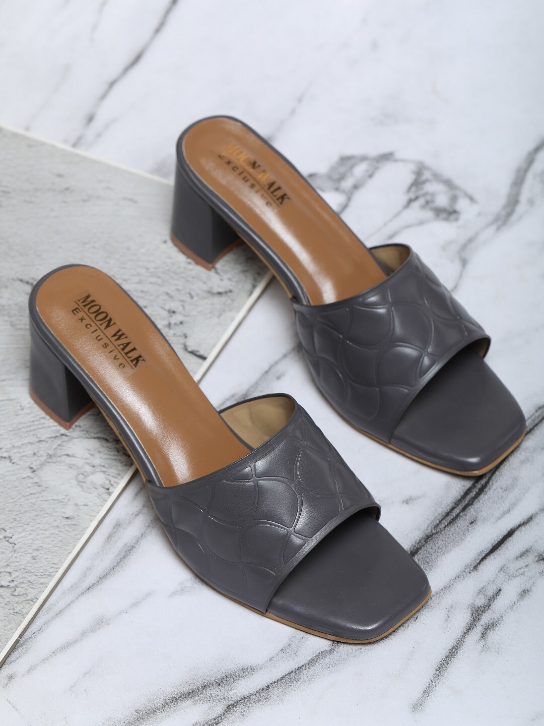 

Moonwalk Textured Open Toe Block Heels, Grey