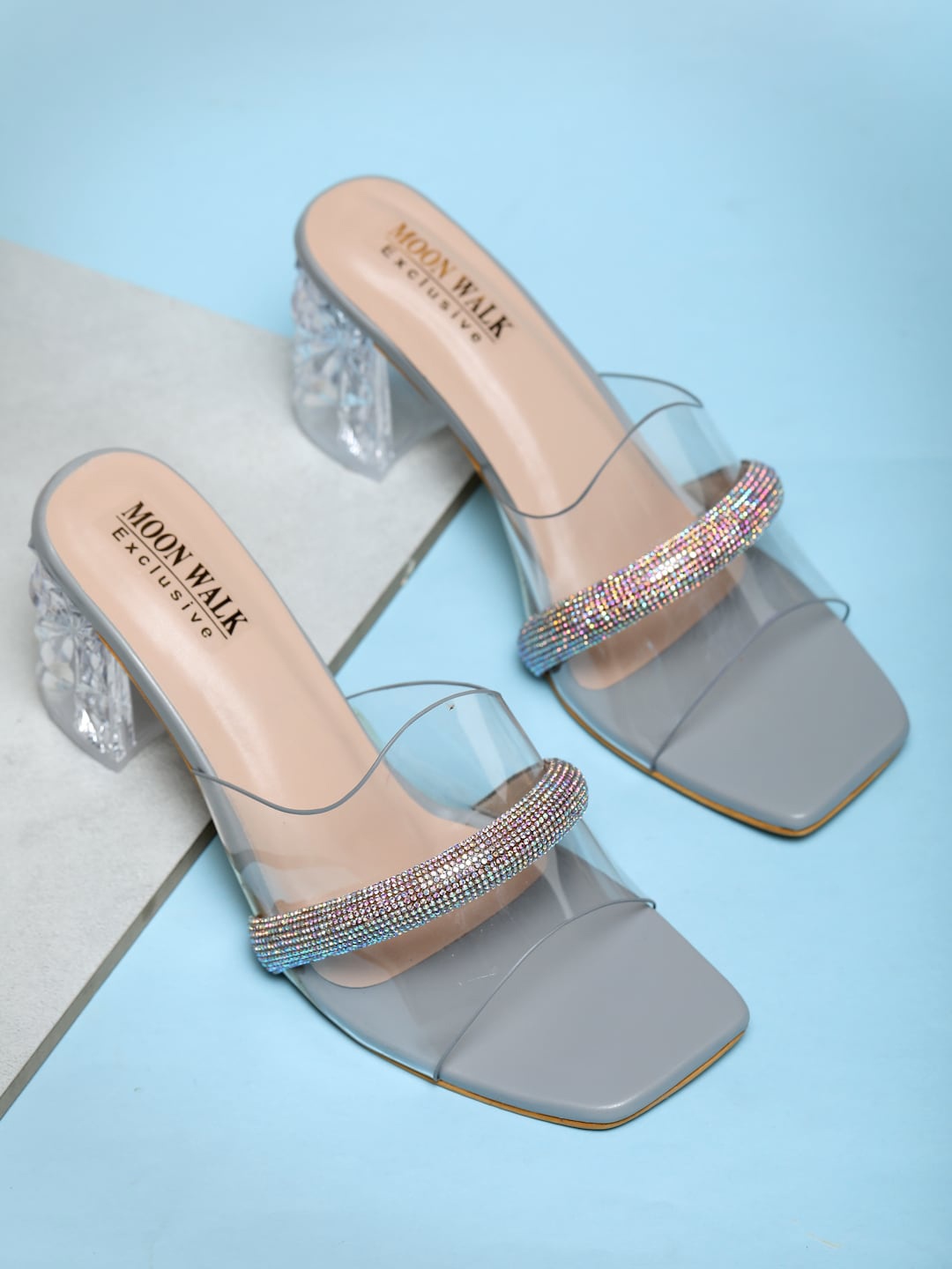 

Moonwalk Embellished Open Toe Block Heels, Grey