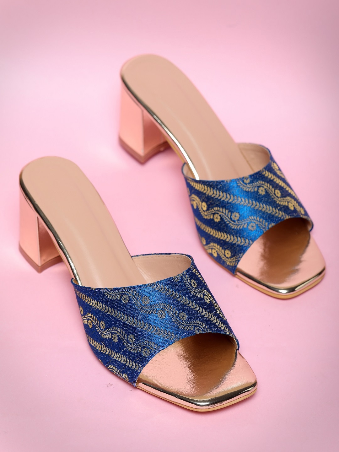 

Moonwalk Woven Design Open Toe Block Heels, Blue
