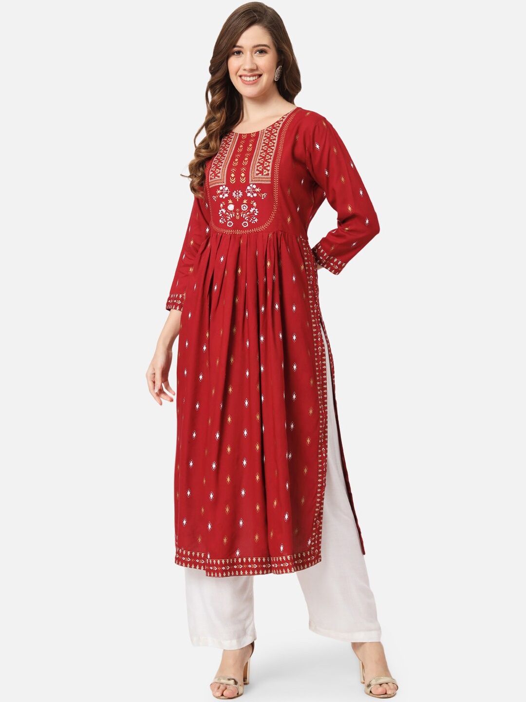 

KALINI Ethnic Motifs Printed Pleated A-Line Kurta, Maroon