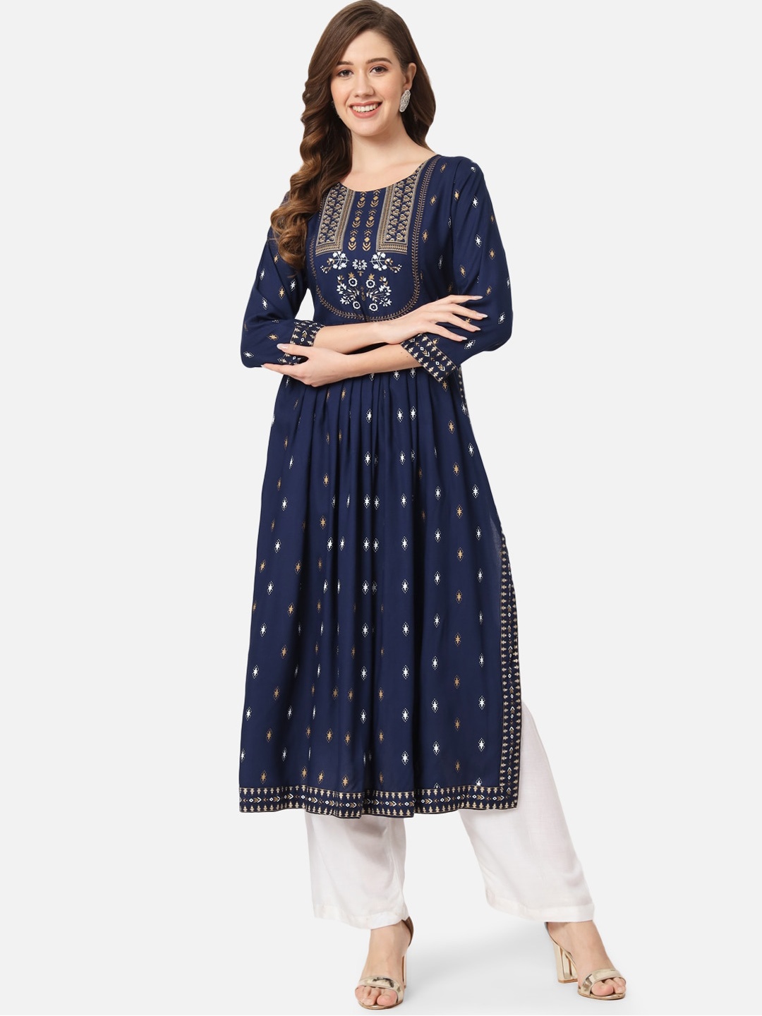 

KALINI Pleated Ethnic Motifs Printed A-Line Kurta, Navy blue