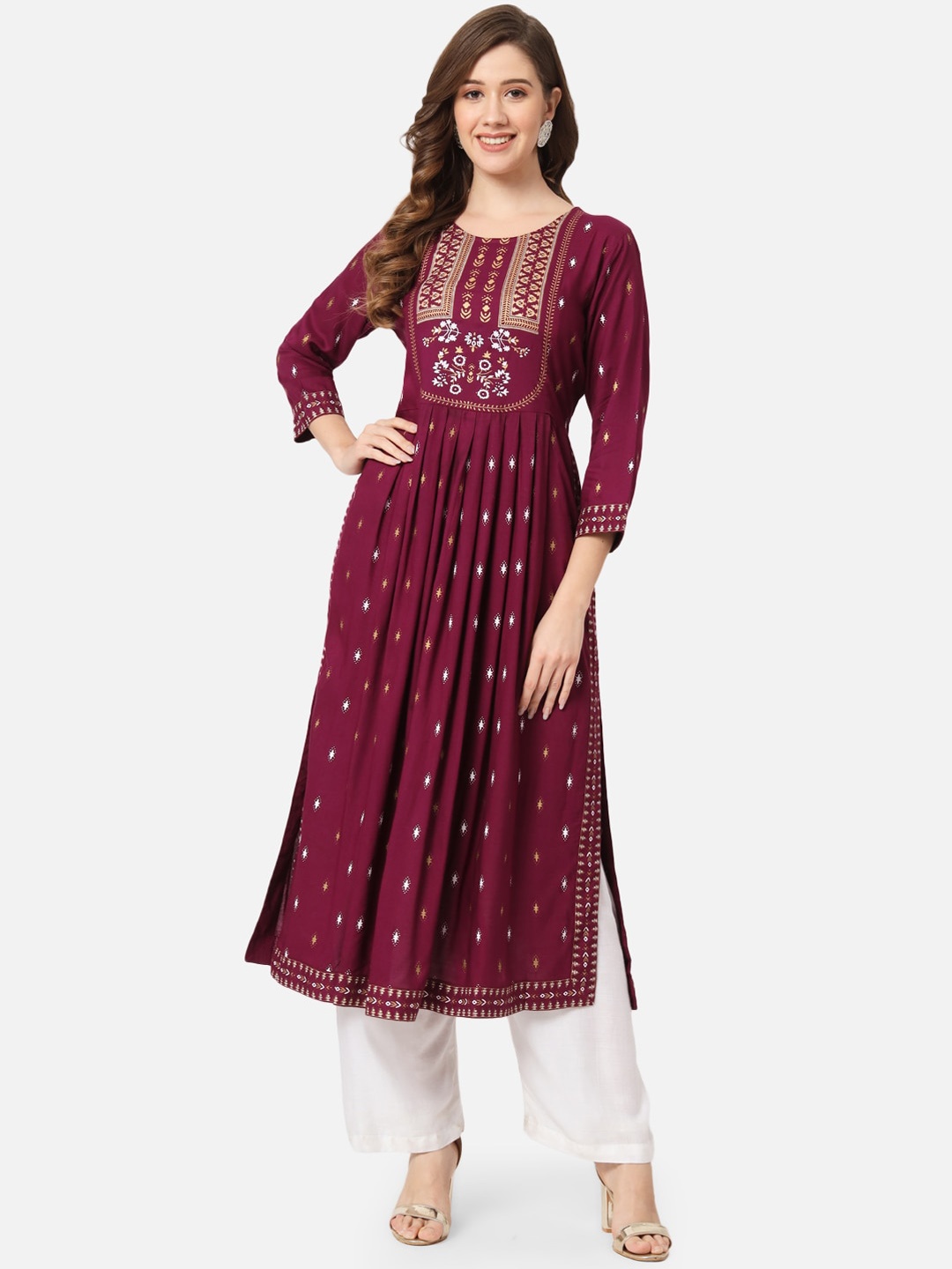 

KALINI Ethnic Motifs Printed Pleated A-Line Kurta, Maroon