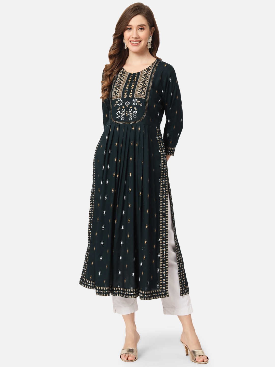 

KALINI Pleated Ethnic Motifs Printed A-Line Kurta, Brown