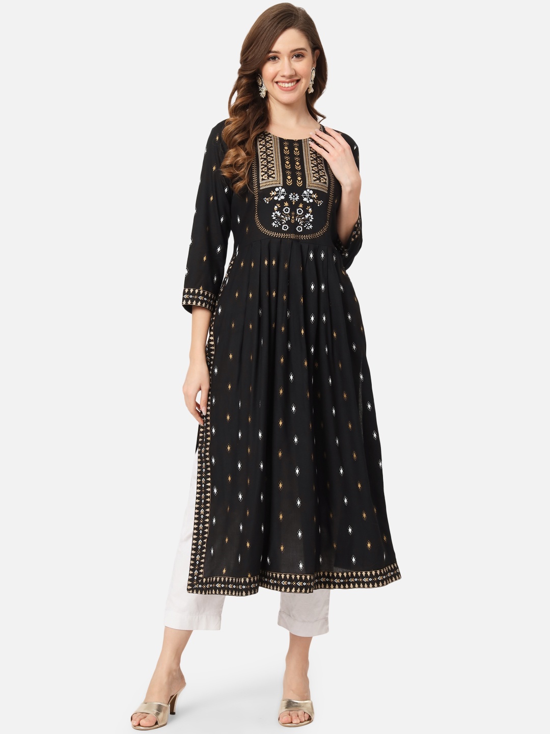 

KALINI Ethnic Motifs Printed A-Line Kurta, Green