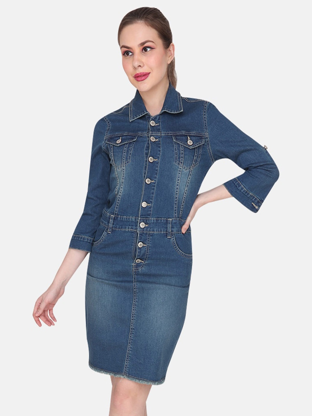 

Albion Shirt Collar Denim Shirt Dress, Blue