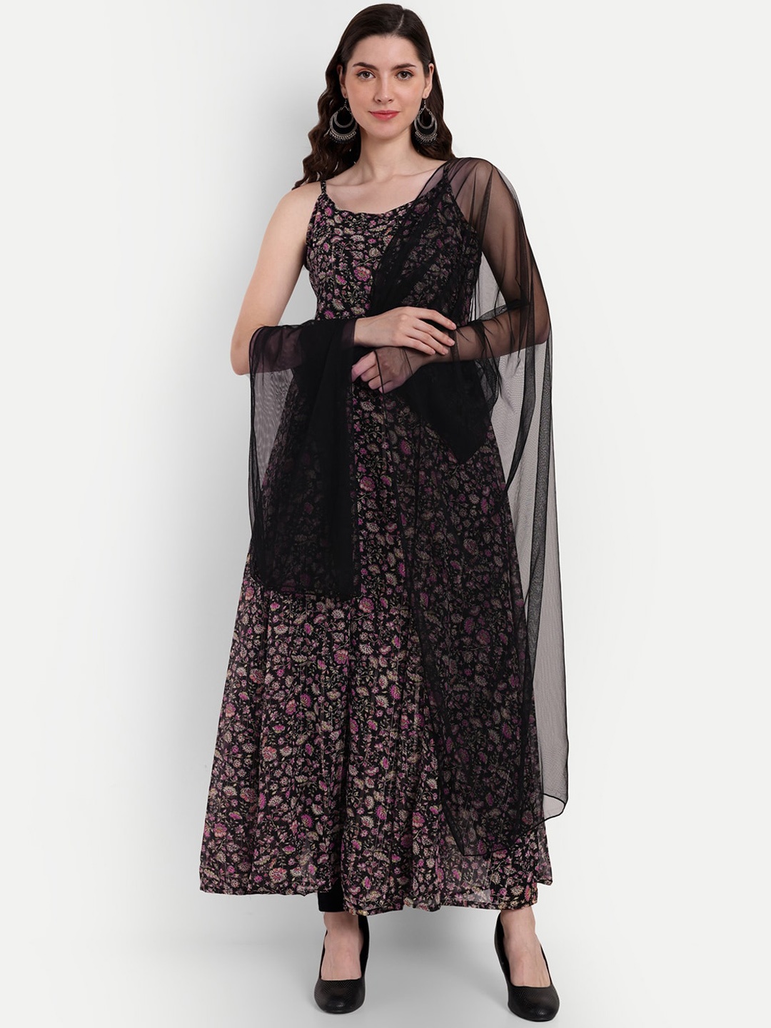 

ISAM Black & Pink Sleeve Floral Printed Anarkali Kurta