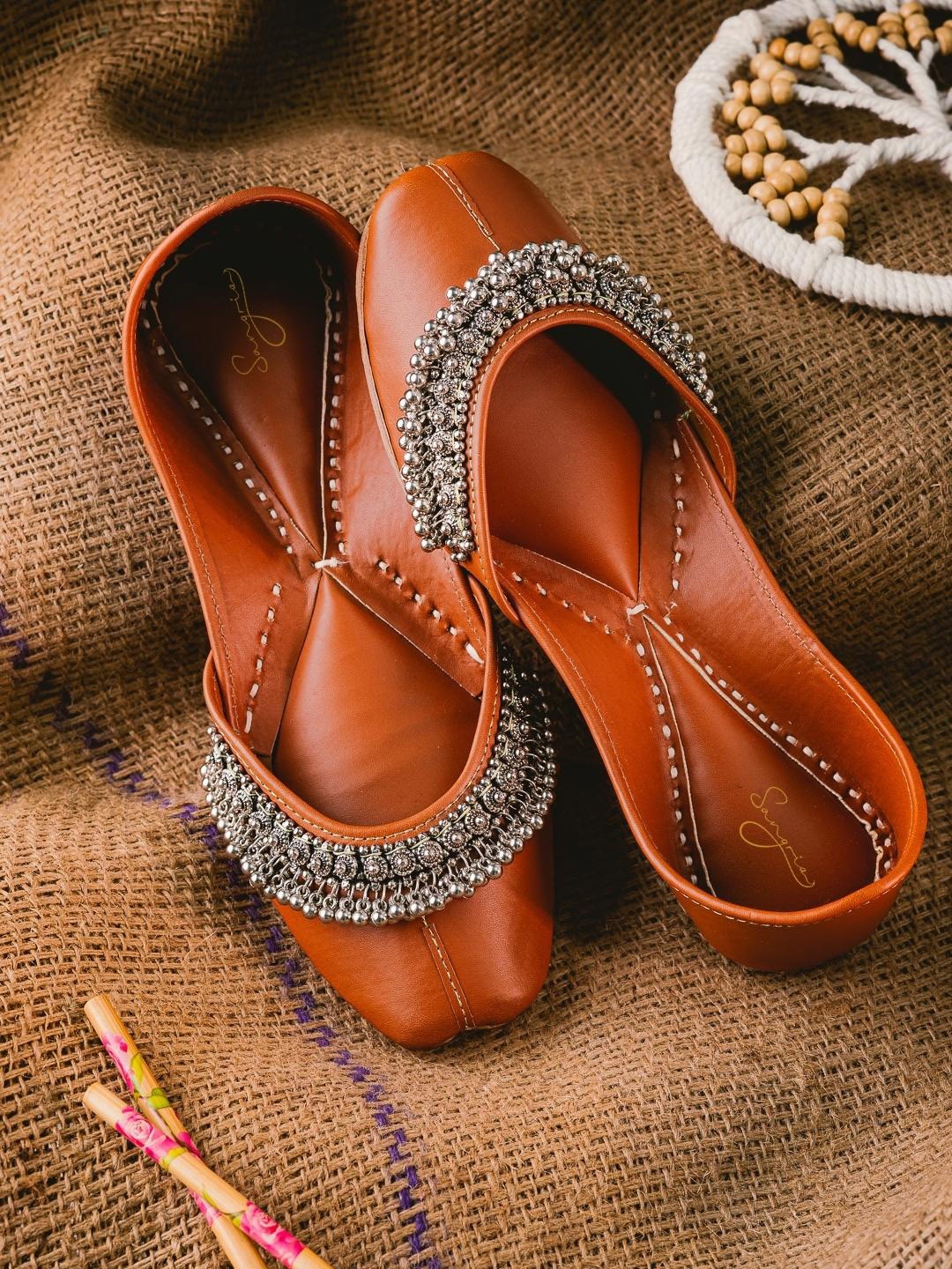 

Sangria Tan Brown And Silver-Toned Embellished Leather Mojaris