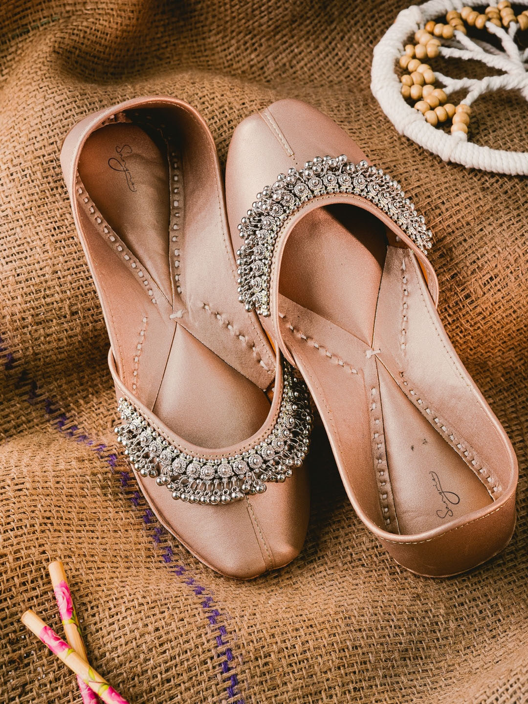 

Sangria Gold-Toned And Silver-Toned Embellished Leather Mojaris