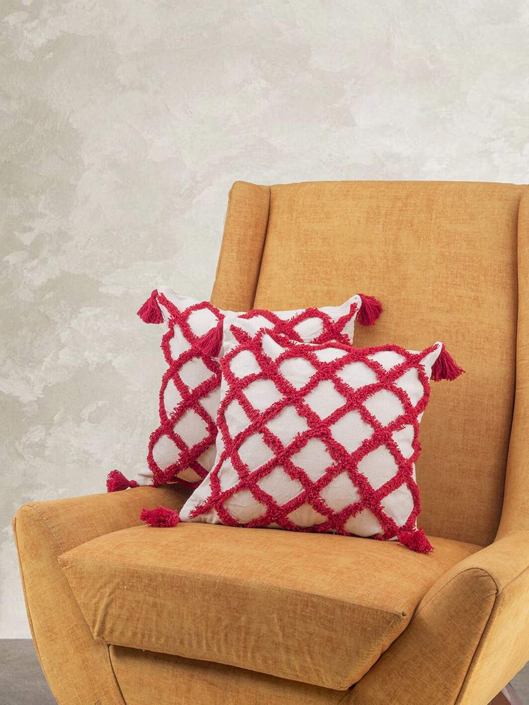 

KRAVIKA Red & White 2 Pieces Embroidered Cotton Square Cushion Covers