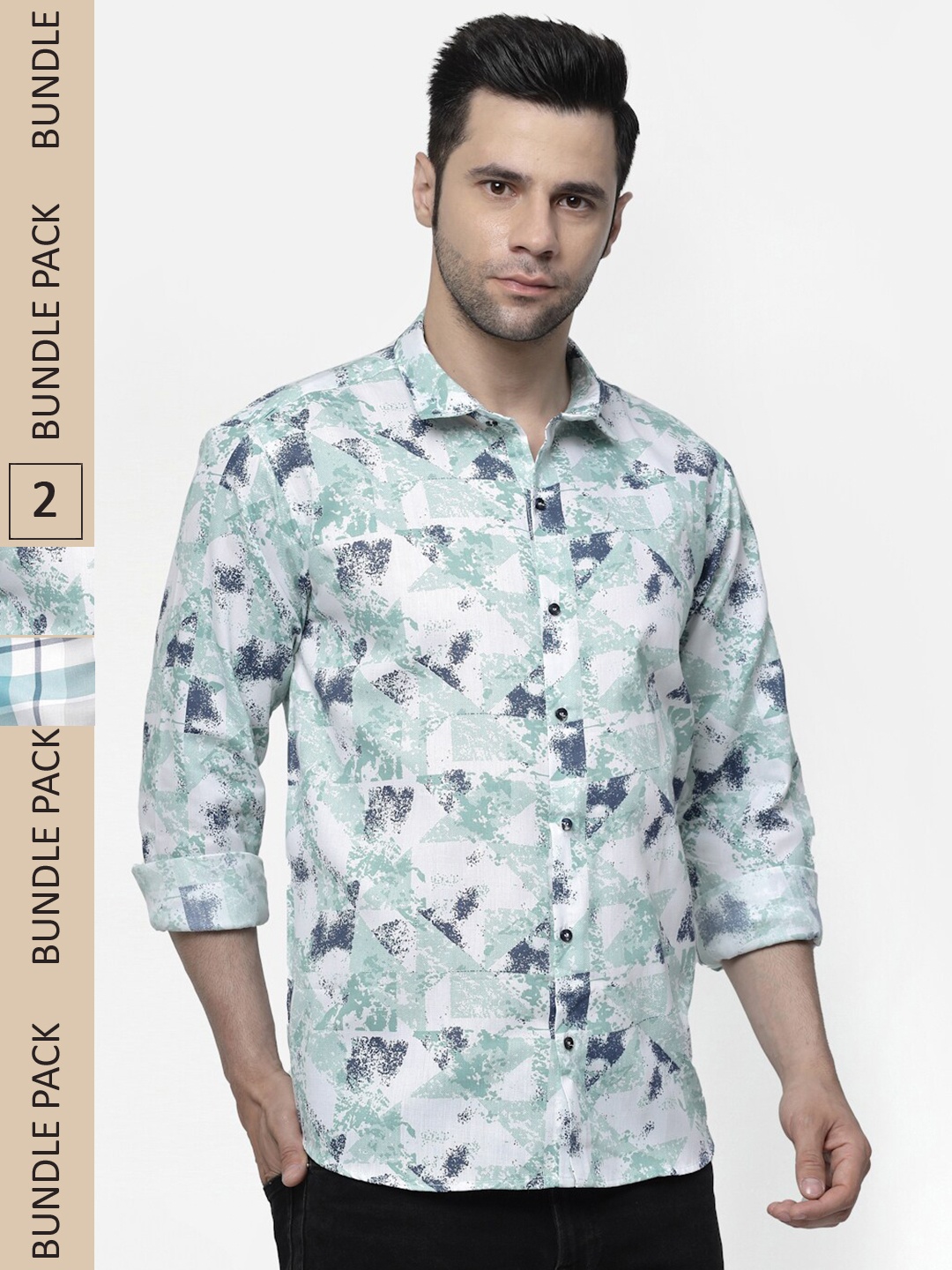 

ADWYN PETER Pack Of 2 New Spread Collar Cotton Casual Shirt, Green
