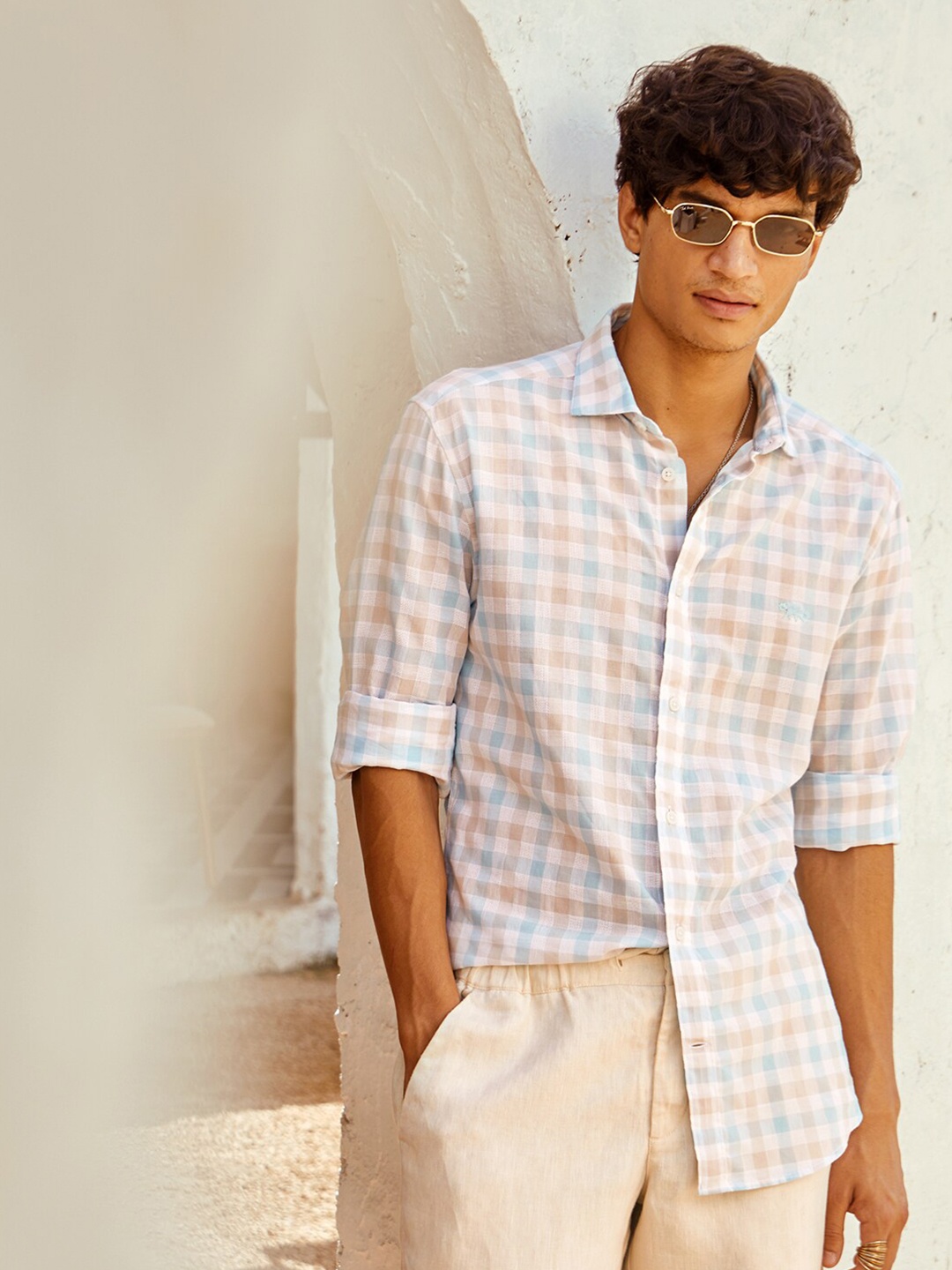 

Andamen Classic Slim Fit Gingham Checked Cotton Casual Shirt, White