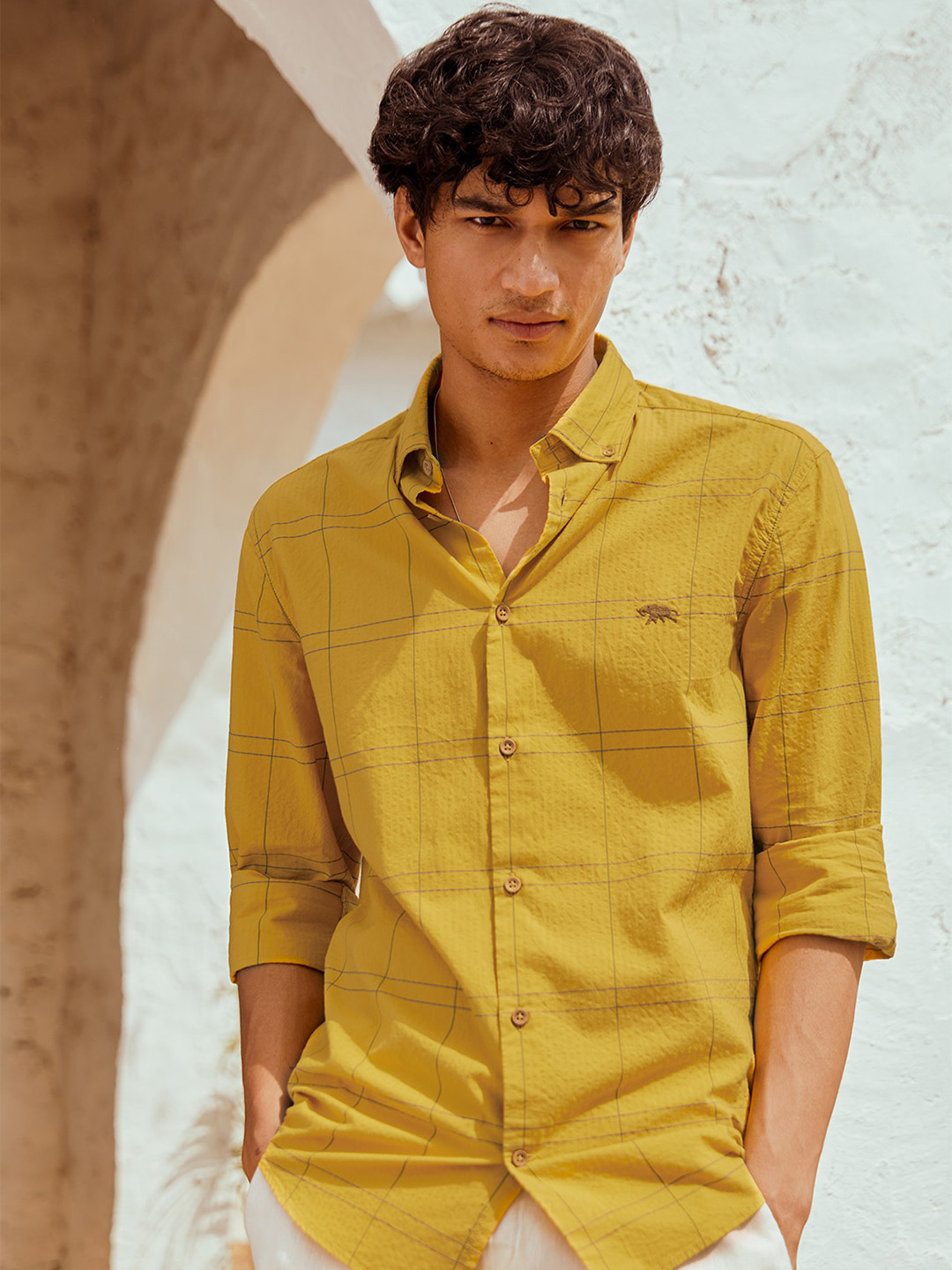 

Andamen Classic Checked Seersucker Cotton Casual Shirt, Mustard