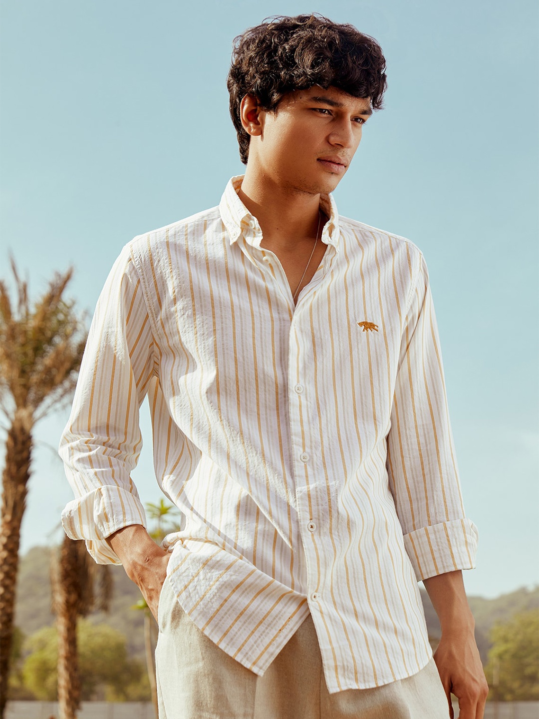 

Andamen Classic Striped Seersucker Cotton Casual Shirt, Mustard