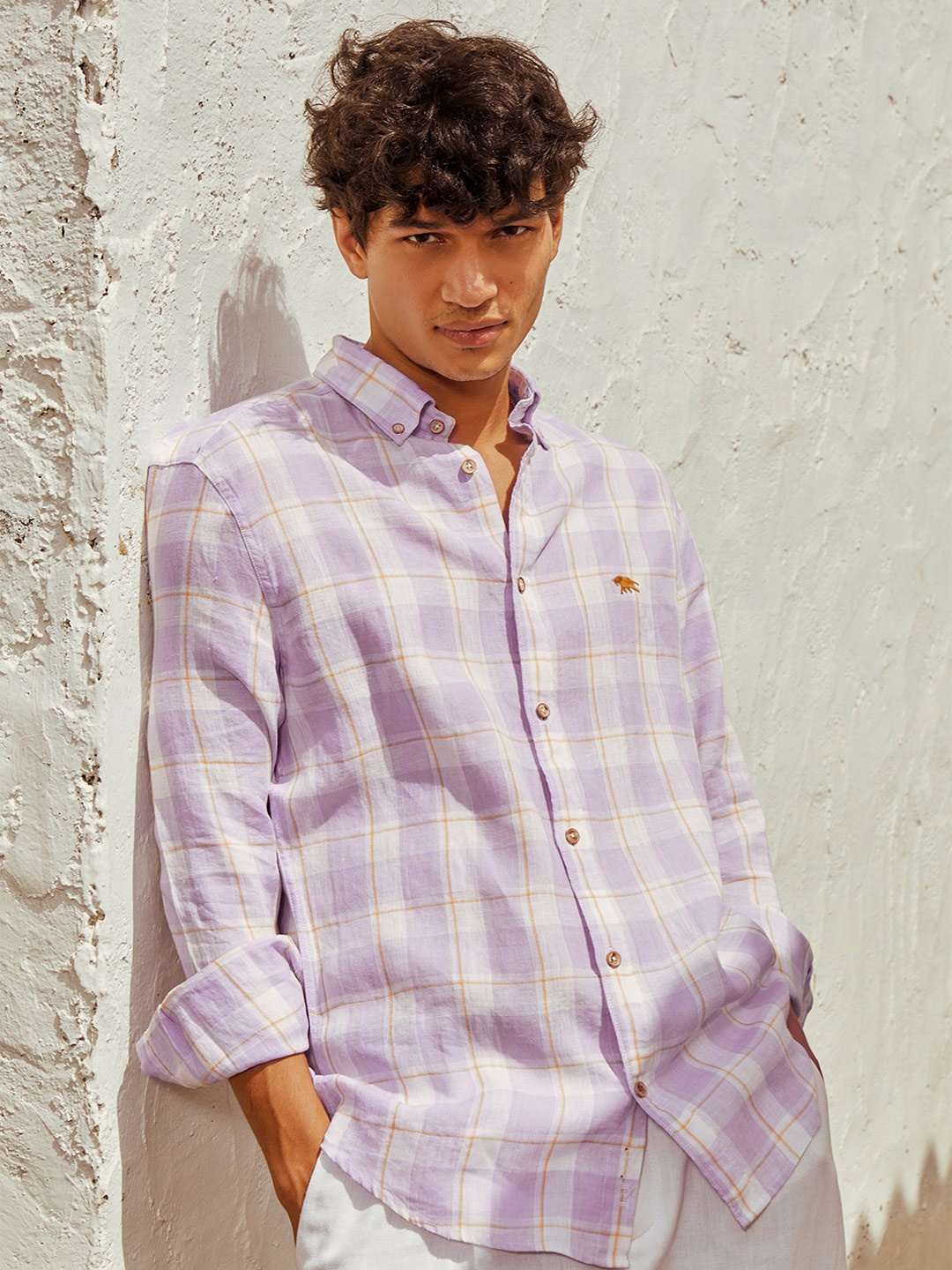 

Andamen Classic Slim Fit Tartan Checks Linen Casual Shirt, Lavender