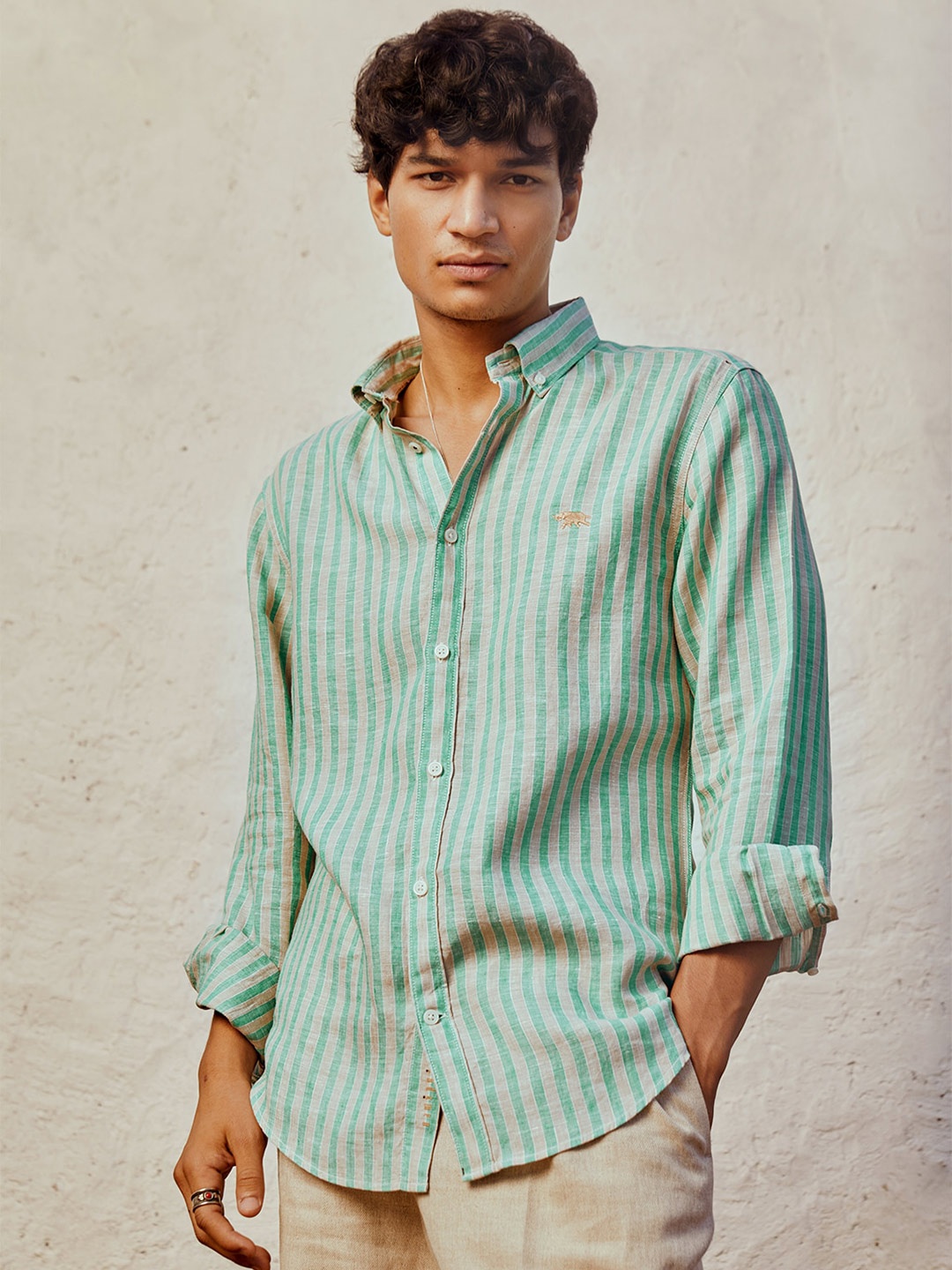 

Andamen Classic Opaque Striped Linen Casual Shirt, Green