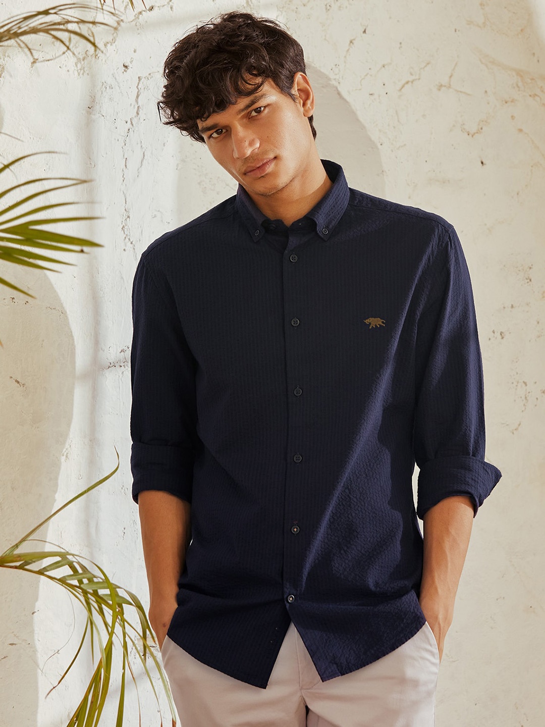 

Andamen Classic Fit Self Designed Button-Down Collar Casual Cotton Shirt, Blue