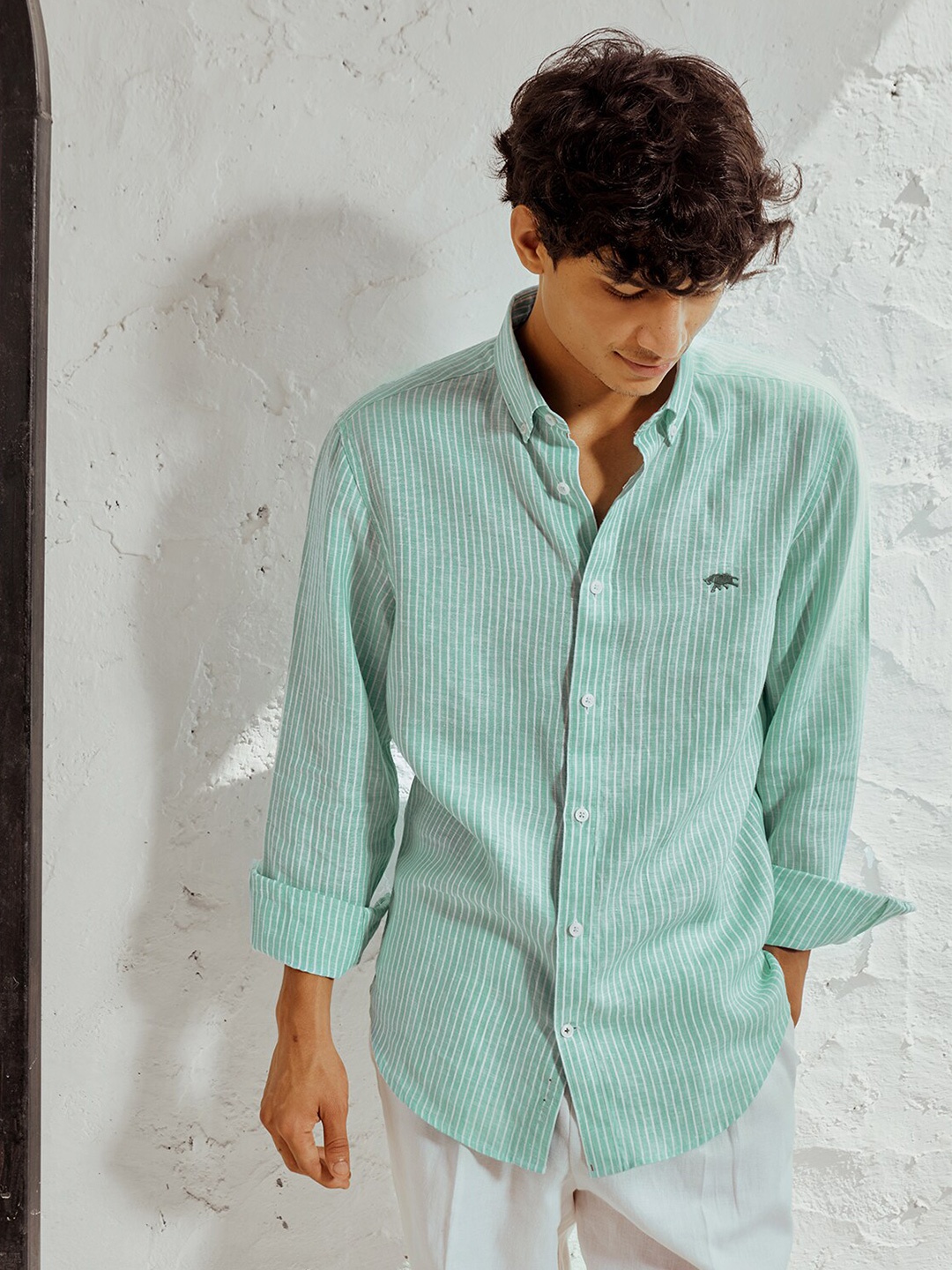 

Andamen Classic Striped Linen Casual Shirt, Green
