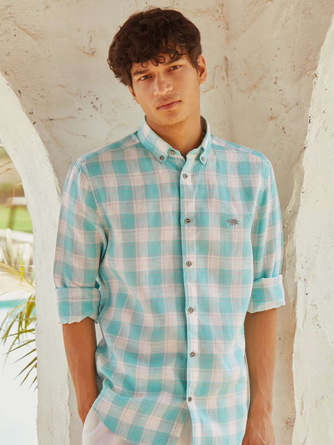 

Andamen Classic Checked Button-Down Collar Linen Casual Shirt, Green