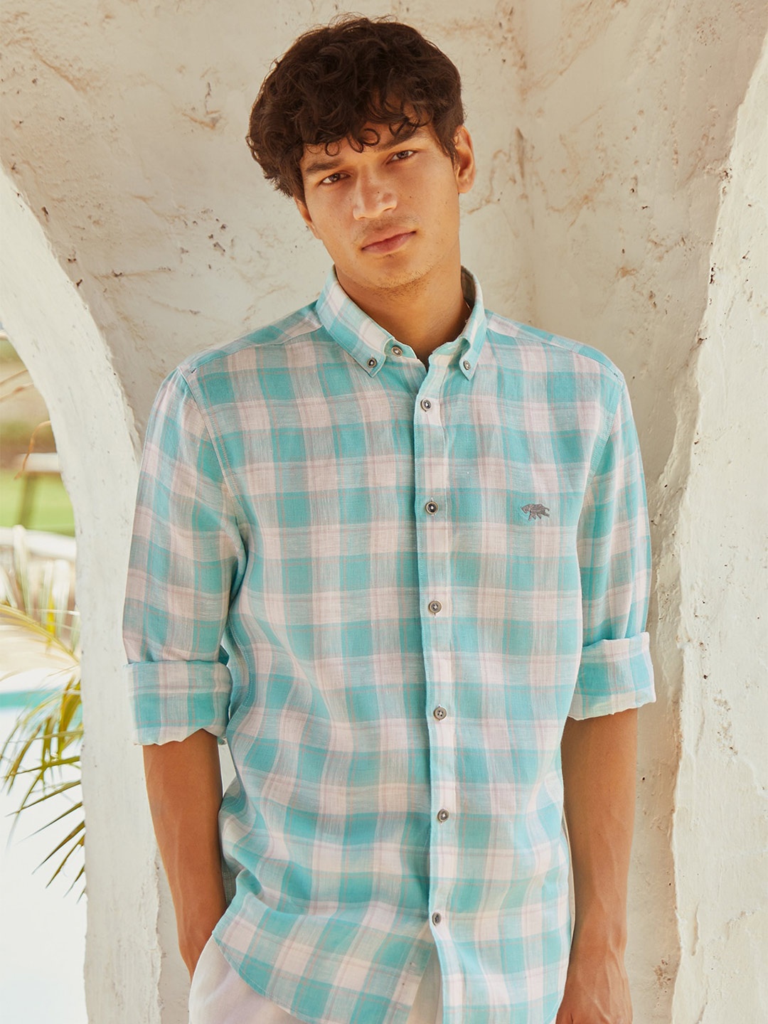 

Andamen Classic Checked Button-Down Collar Linen Casual Shirt, Green