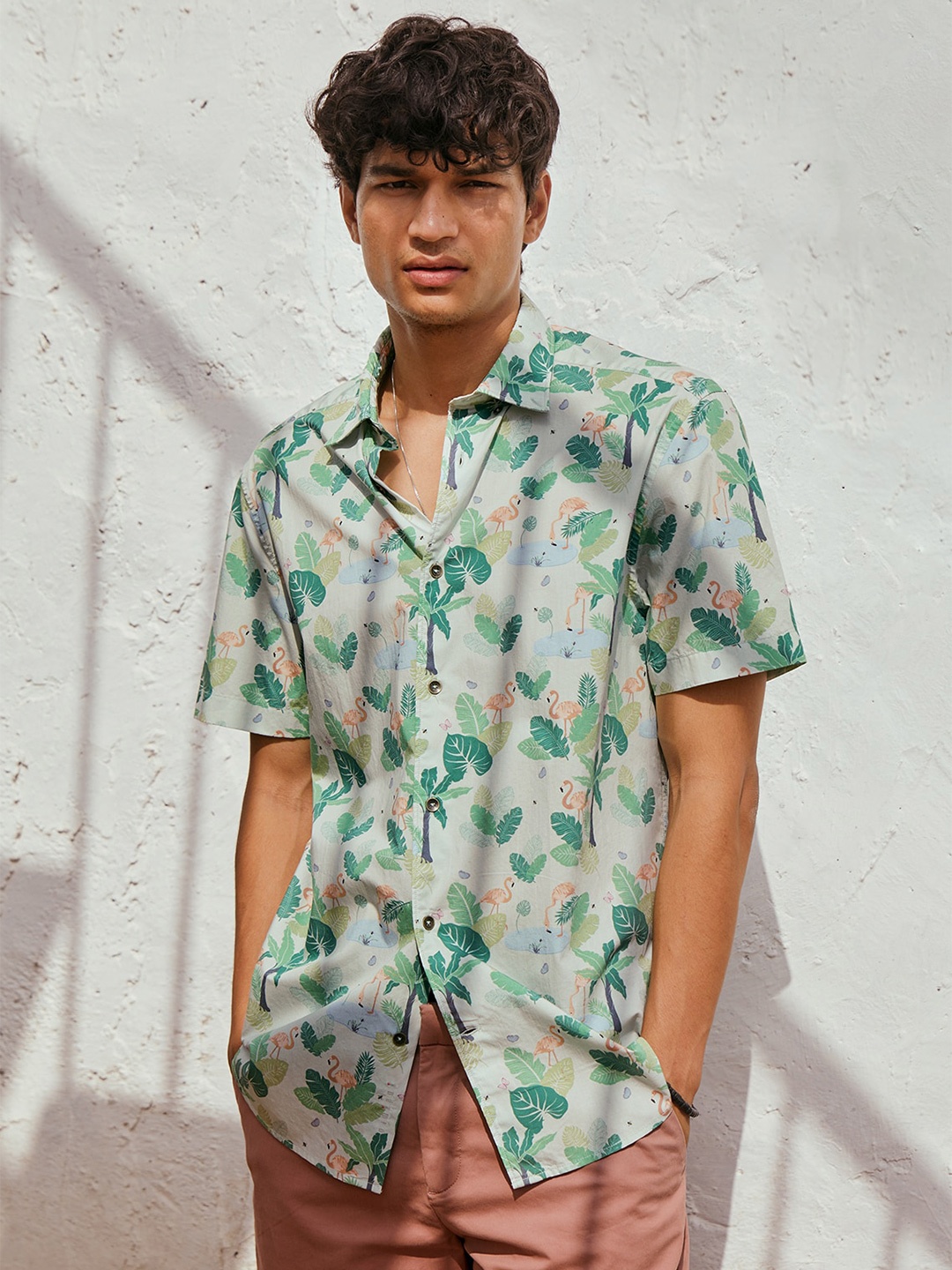 

Andamen Classic Tropical Printed Cotton Casual Shirt, Green