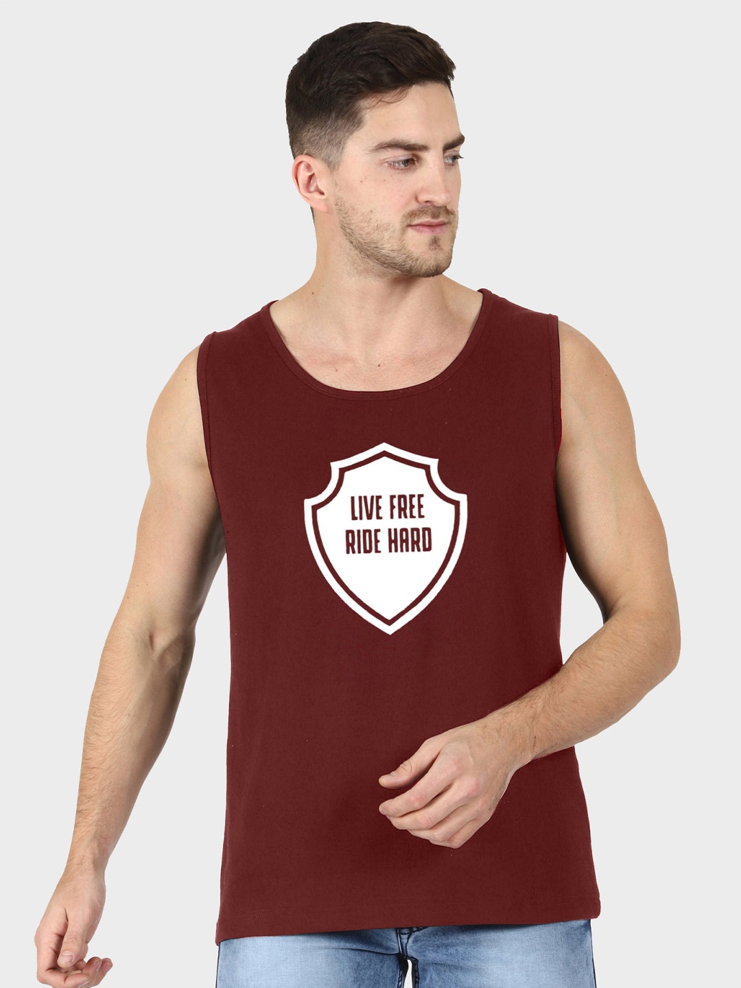 

T-SHIRT TRUCK Typography Printed Sleeveless Cotton T-shirt, Maroon