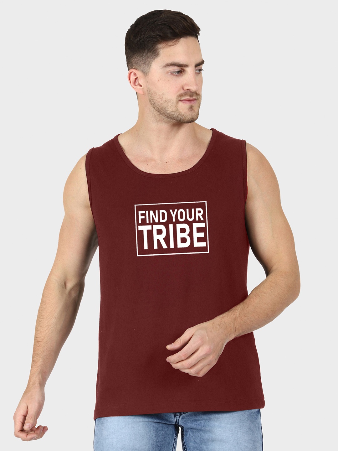 T-SHIRT TRUCK Typography Printed Sleeveless Cotton T-shirt, Maroon