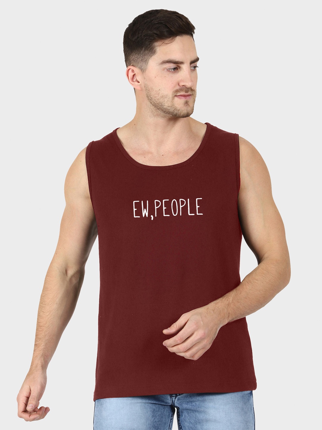 

T-SHIRT TRUCK Typography Printed Sleeveless Cotton T-shirt, Maroon