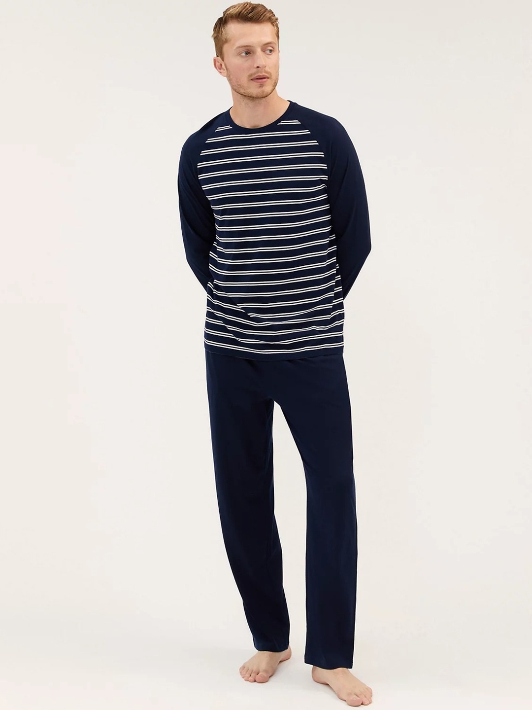 

Marks & Spencer Striped Pure Cotton Night Suit, Navy blue