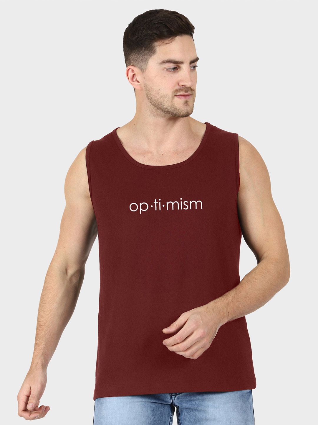 

T-SHIRT TRUCK Typography Printed Sleeveless Cotton T-shirt, Maroon