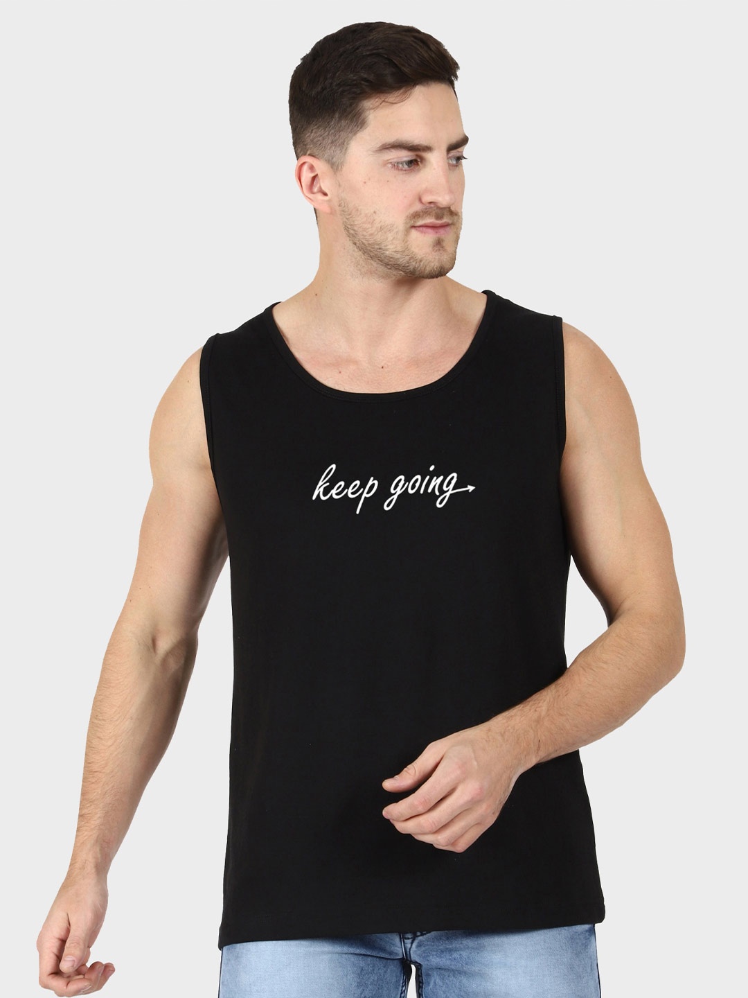 

T-SHIRT TRUCK Typography Printed Sleeveless Cotton T-shirt, Black