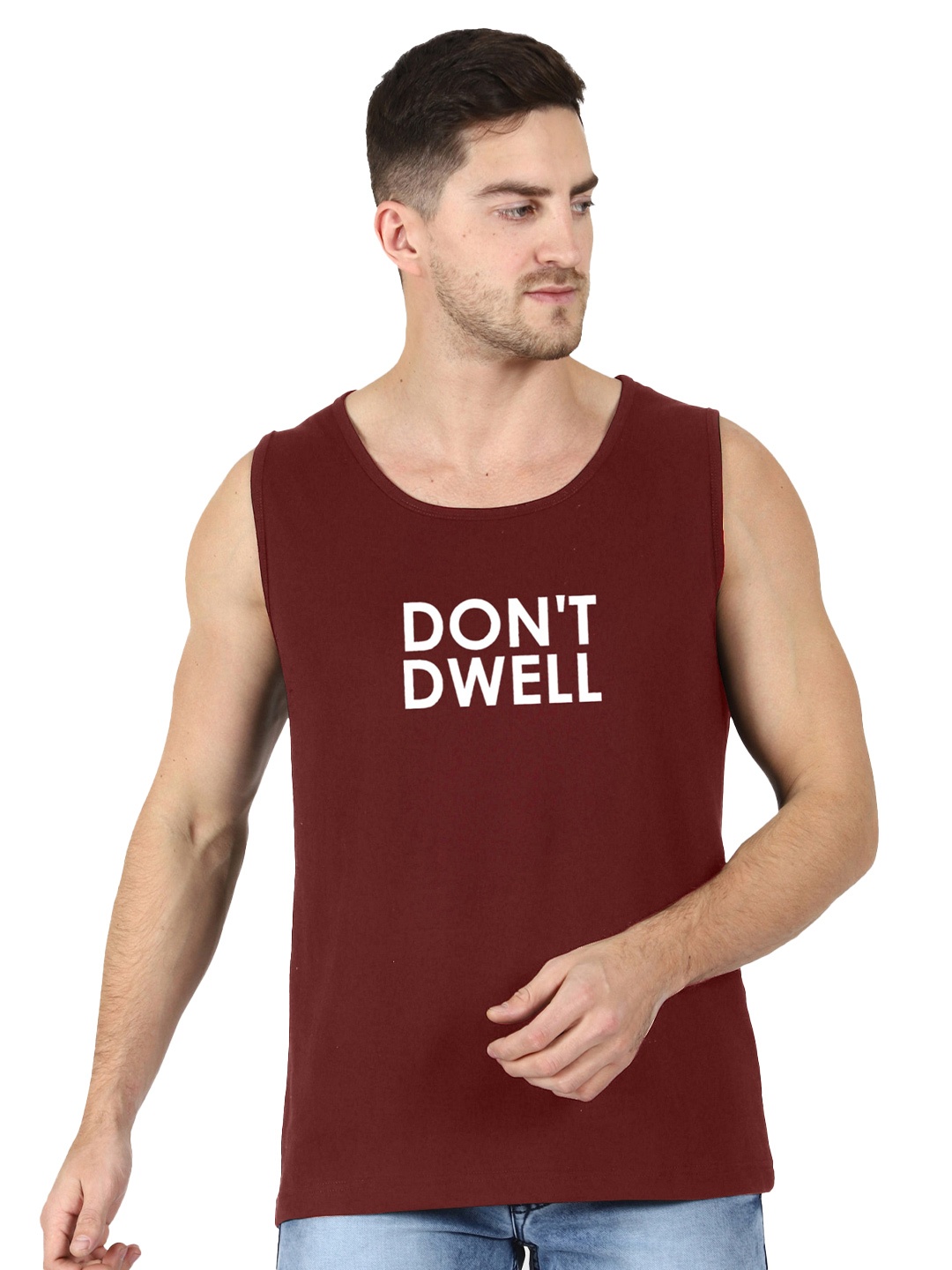 T-SHIRT TRUCK Typography Printed Sleeveless Cotton T-shirt, Maroon