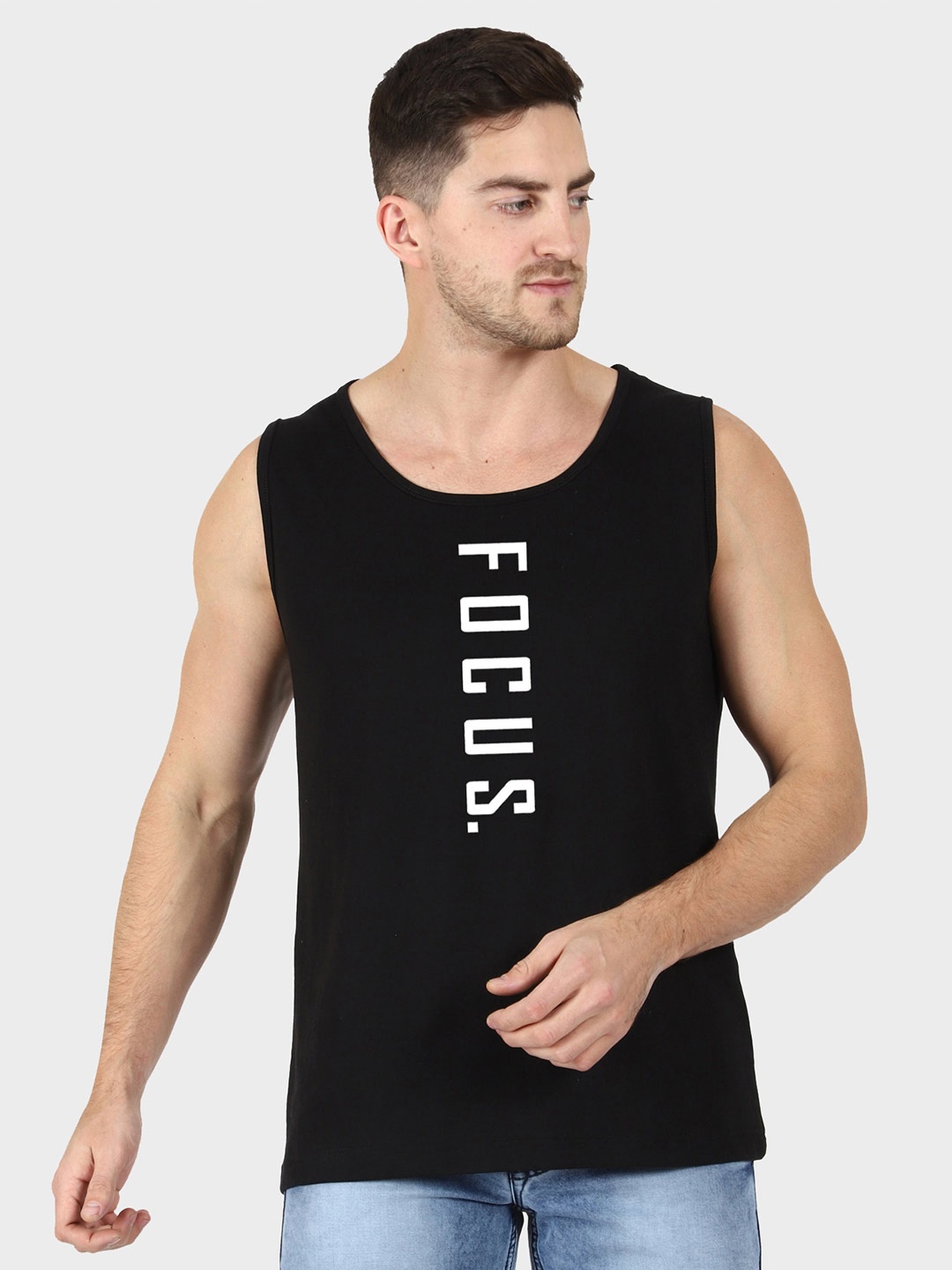 T-SHIRT TRUCK Typography Printed Sleeveless Cotton T-Shirt, Black