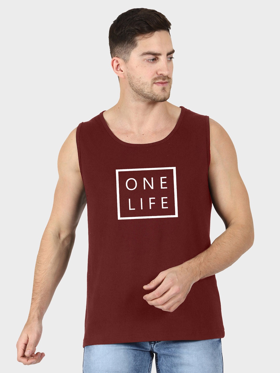 

T-SHIRT TRUCK Typography Printed Sleeveless Cotton T-shirt, Maroon