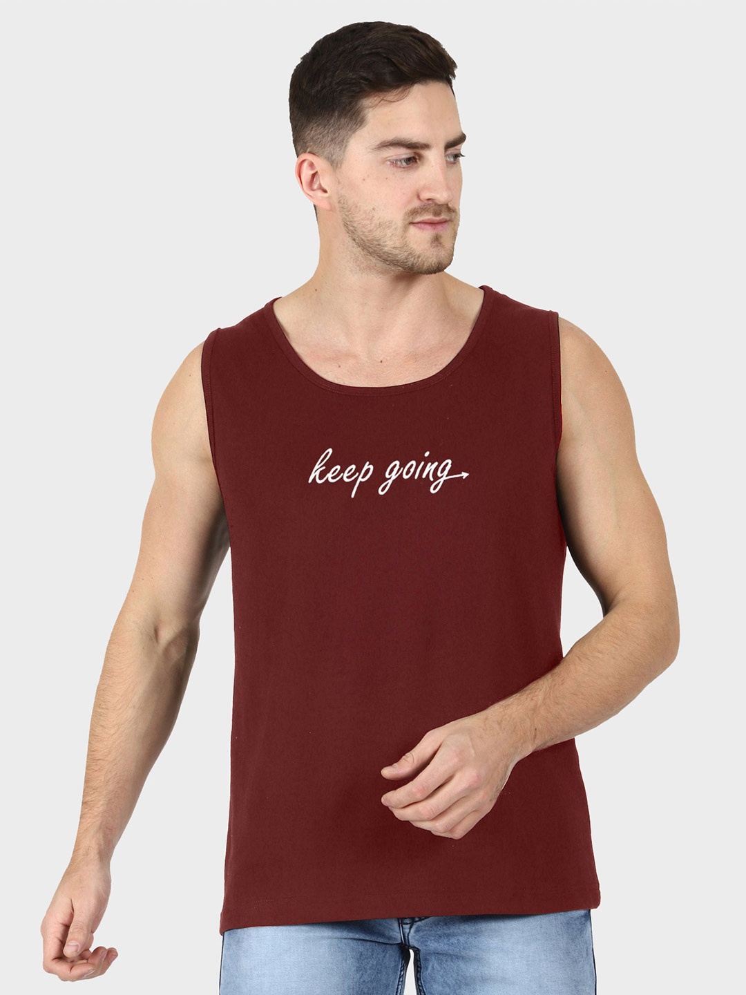 T-SHIRT TRUCK Typography Printed Sleeveless Cotton T-shirt, Maroon