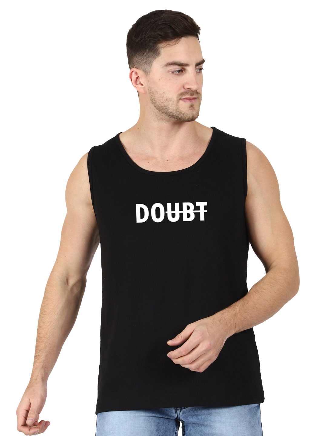 

T-SHIRT TRUCK Typography Printed Sleeveless Cotton T-shirt, Black