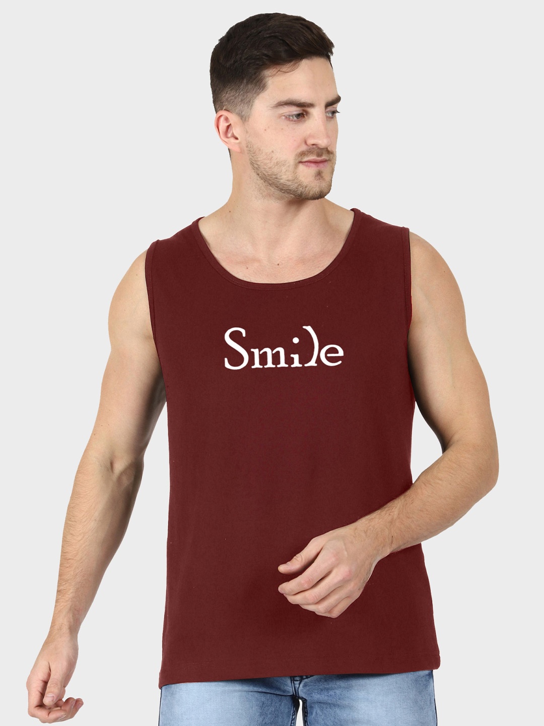

T-SHIRT TRUCK Typography Printed Sleeveless Cotton T-Shirt, Maroon