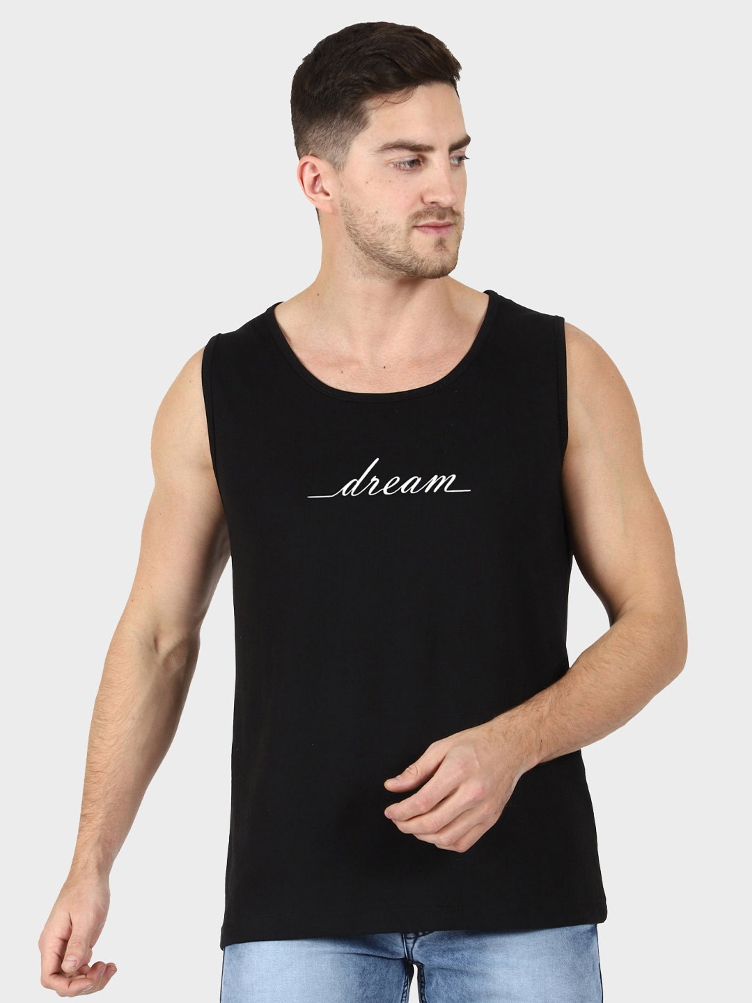 

T-SHIRT TRUCK Typography Printed Sleeveless Cotton T-shirt, Black