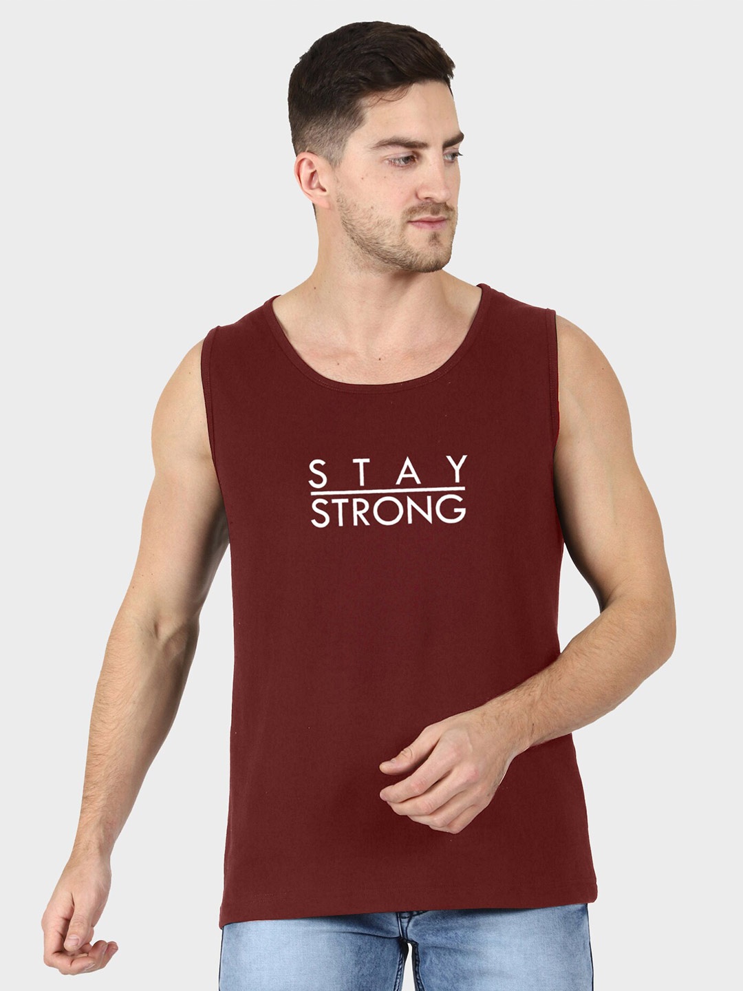 

T-SHIRT TRUCK Typography Printed Sleeveless Cotton T-shirt, Maroon