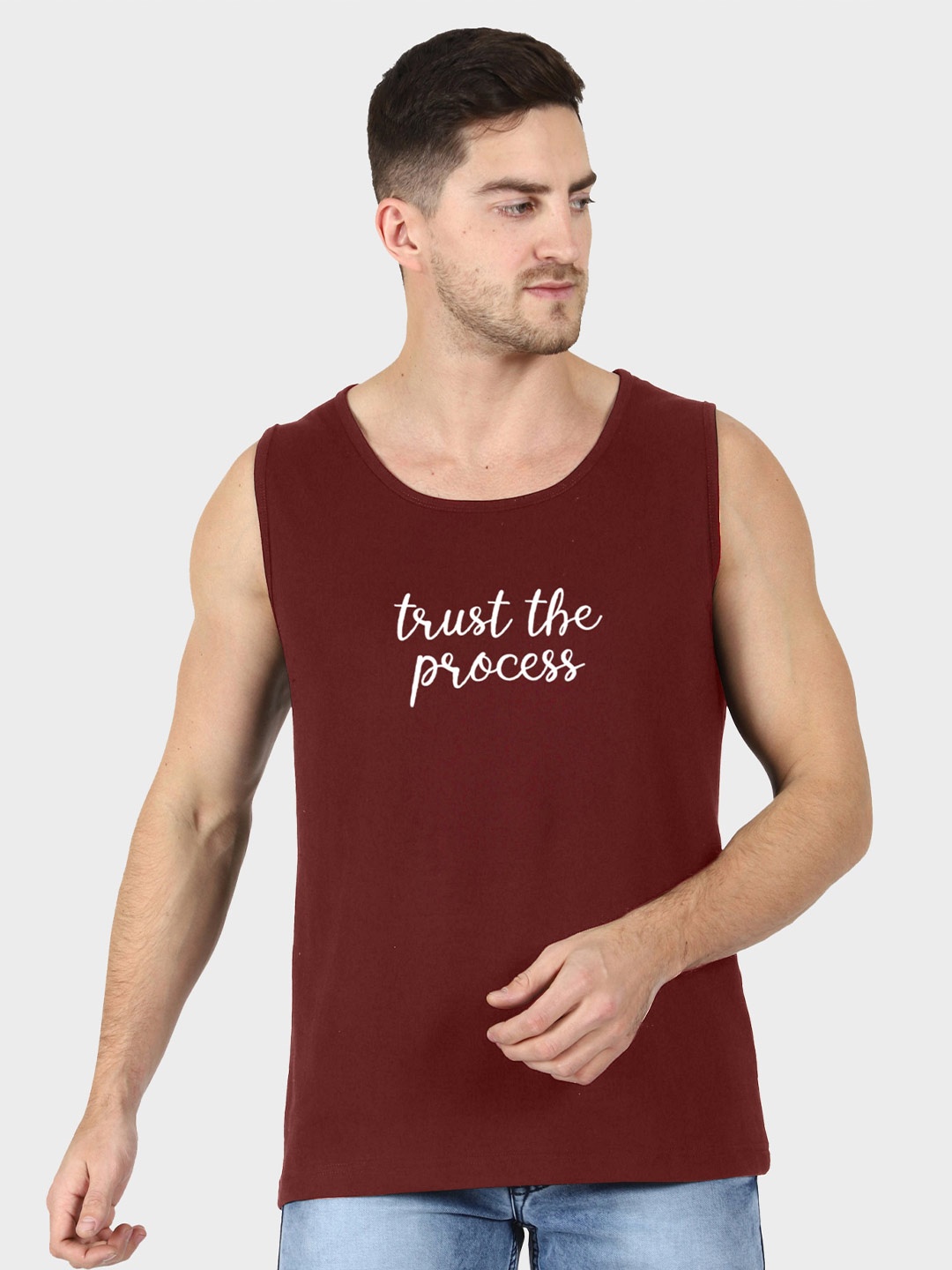 

T-SHIRT TRUCK Typography Printed Sleeveless Cotton T-shirt, Maroon