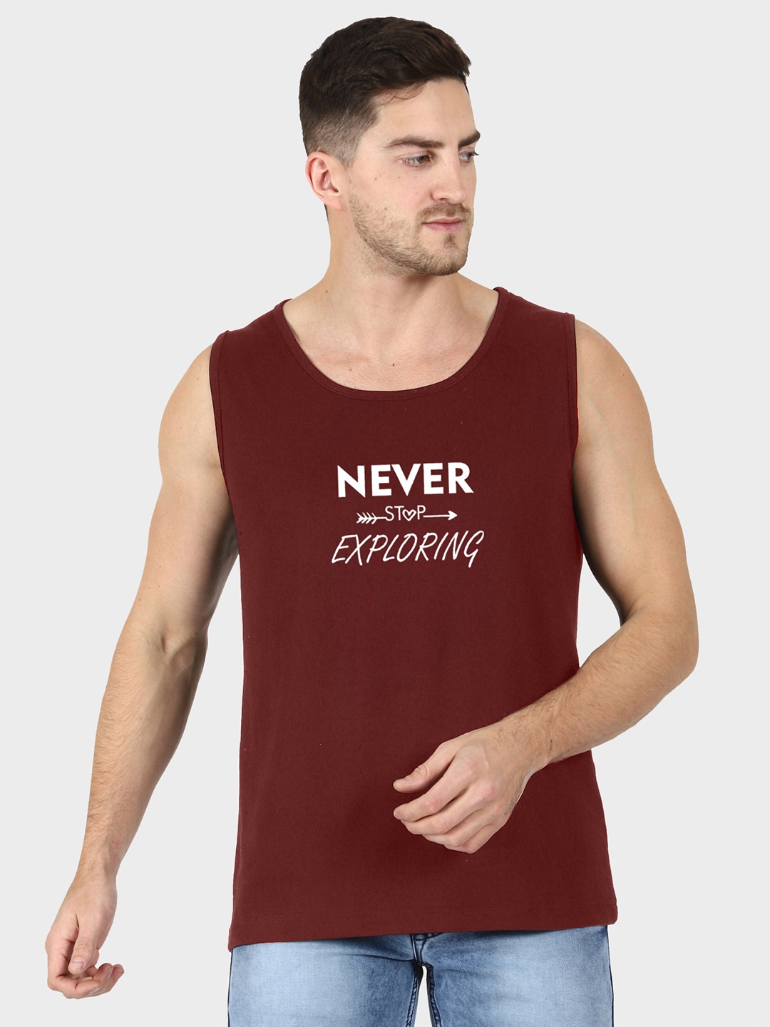 

T-SHIRT TRUCK Typography Printed Sleeveless Cotton T-shirt, Maroon