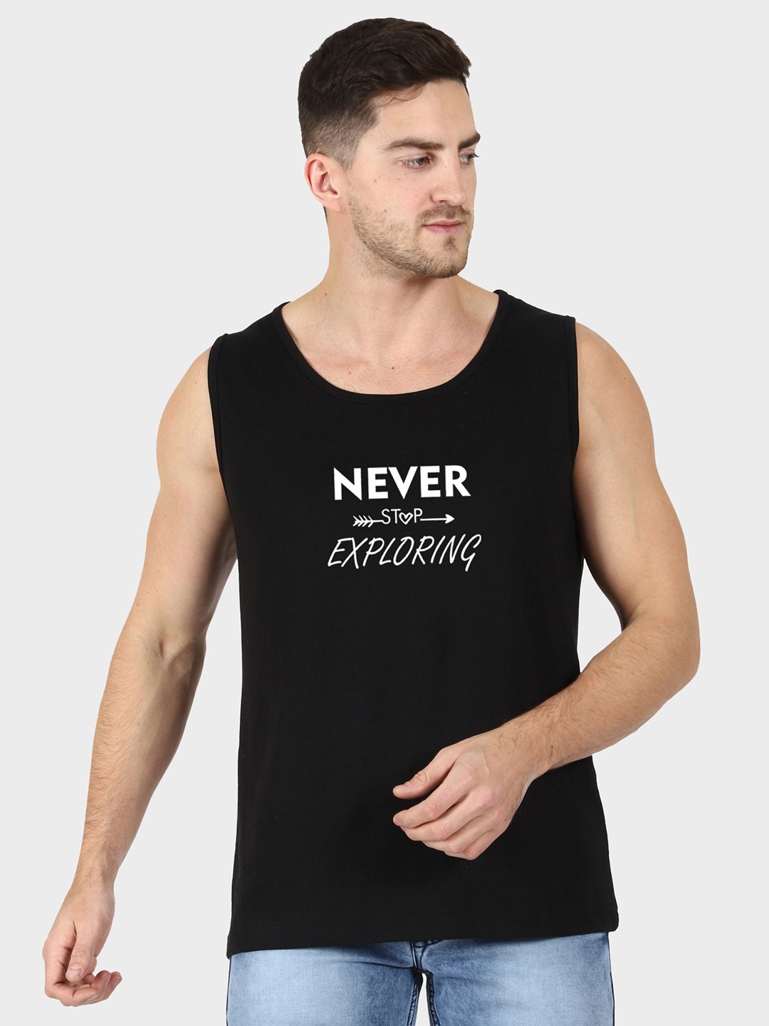 T-SHIRT TRUCK Typography Printed Sleeveless Cotton T-shirt, Black