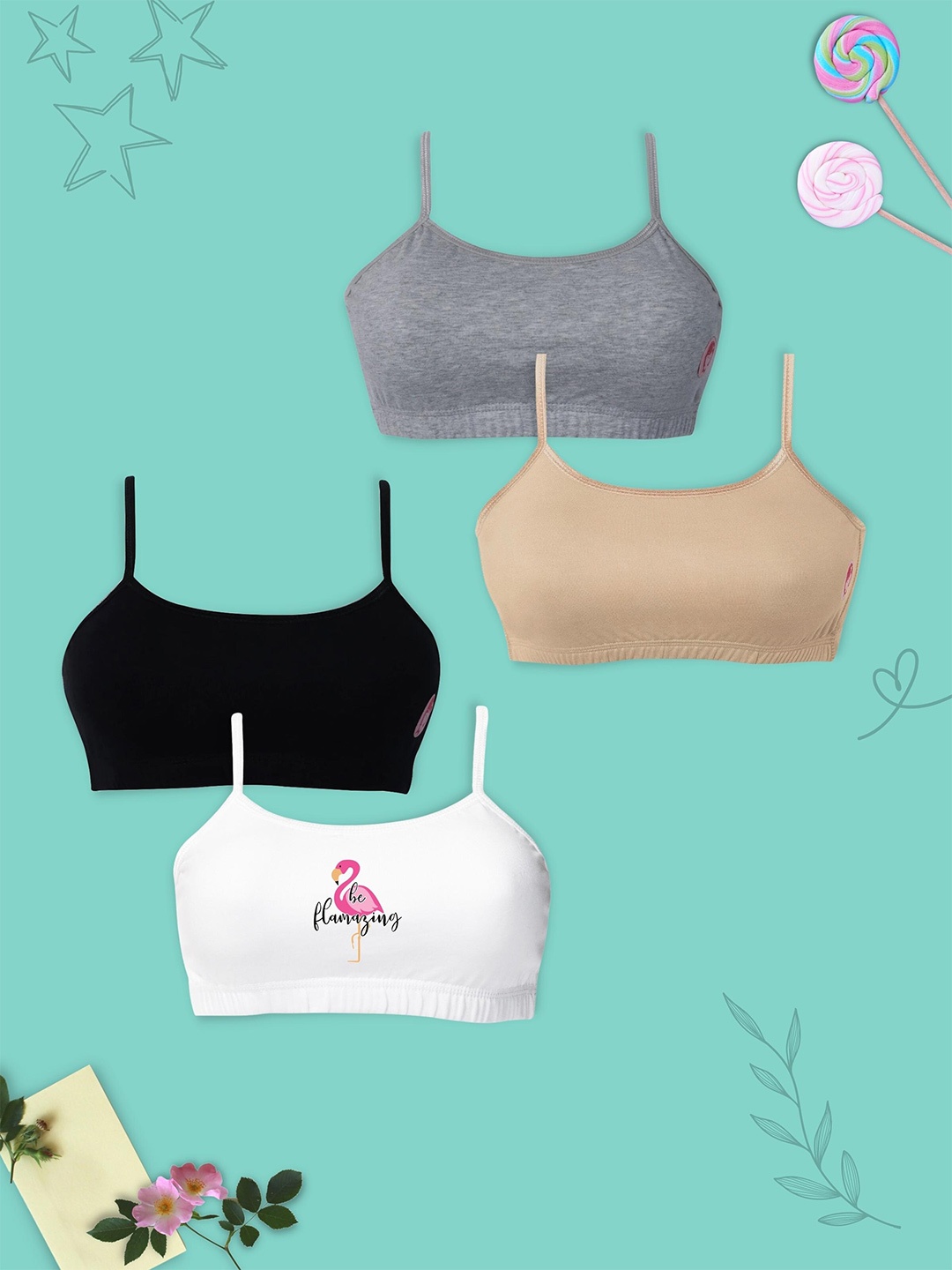 

DChica Pack Of 4 Non-Padded All Day Comfort Non-Wired Gym Workout Cotton Bra, Grey