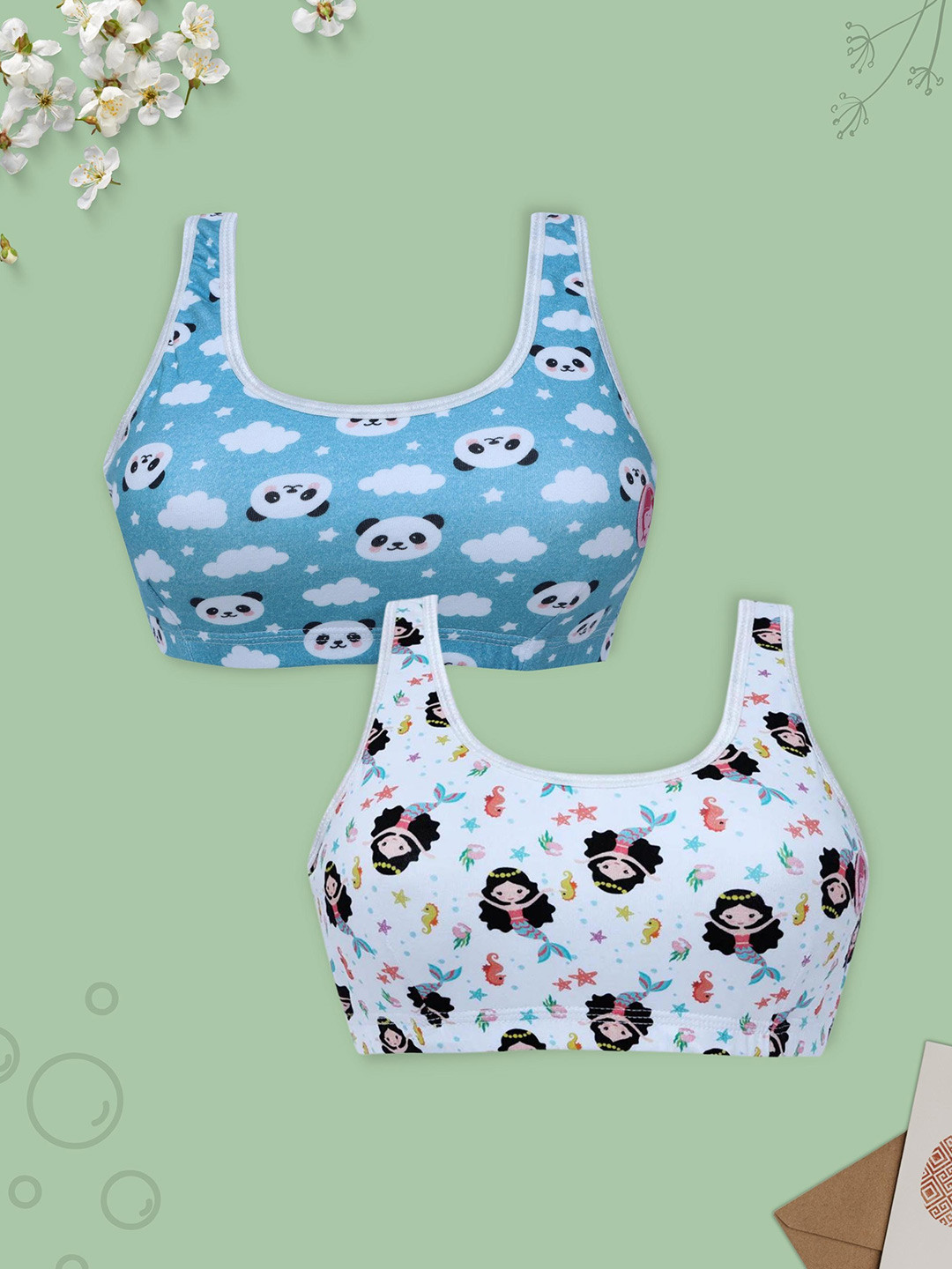 

DChica Pack Of 2 Printed Non-Padded All Day Comfort Non-Wired Gym Workout Cotton Bra, White