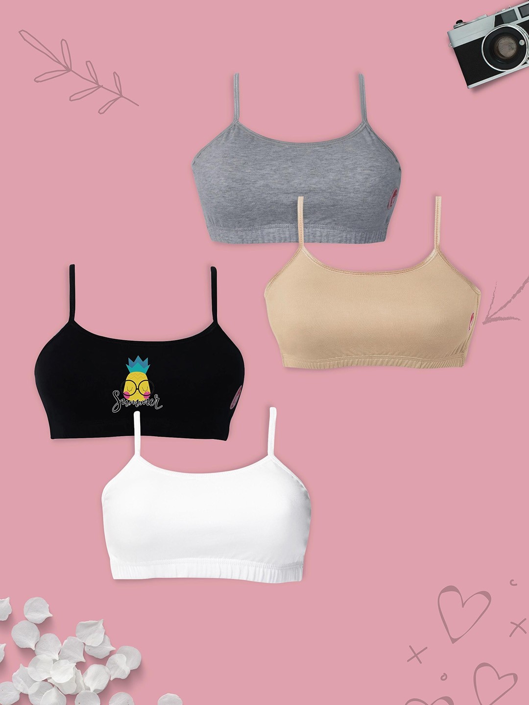 

DChica Pack Of 4 Non-Padded All Day Comfort Non-Wired Gym Workout Cotton Bra, White