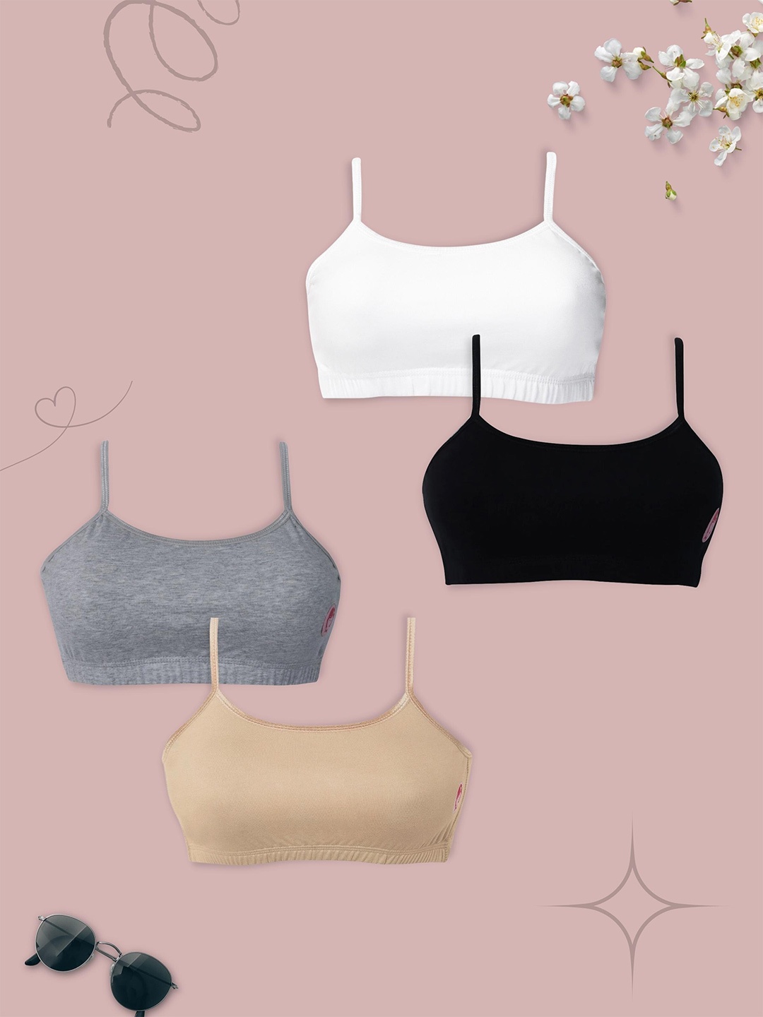 

DChica Pack Of 4 Non-Padded All Day Comfort Non-Wired Gym Workout Cotton Bra, Black