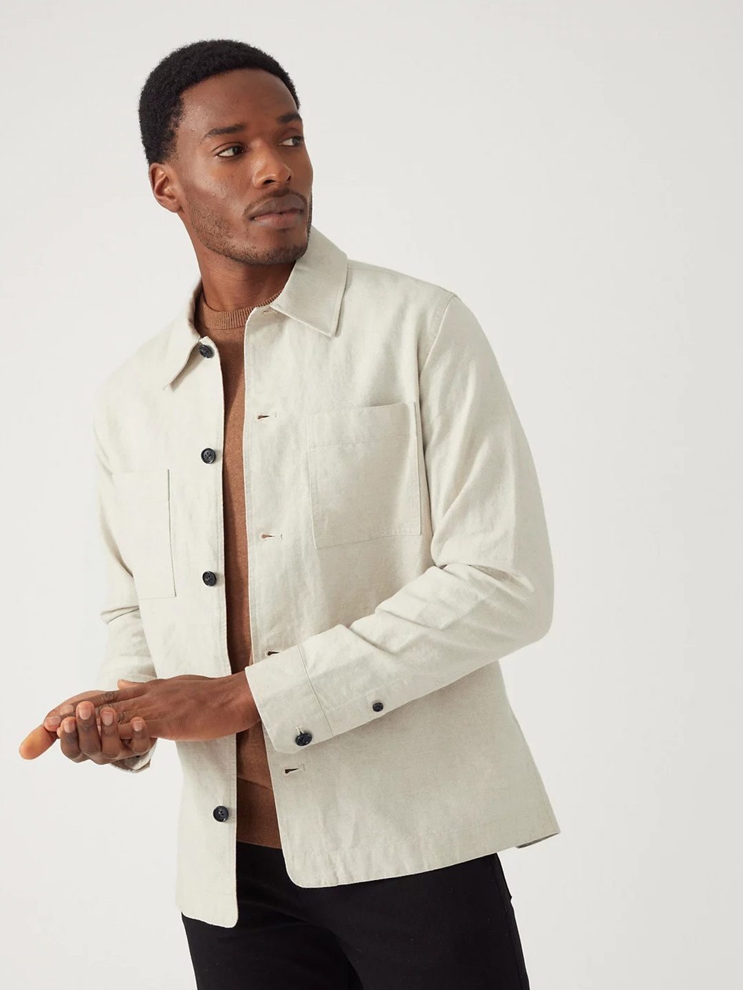 

Marks & Spencer Spread Collar Linen Cotton Casual Shirt, Beige